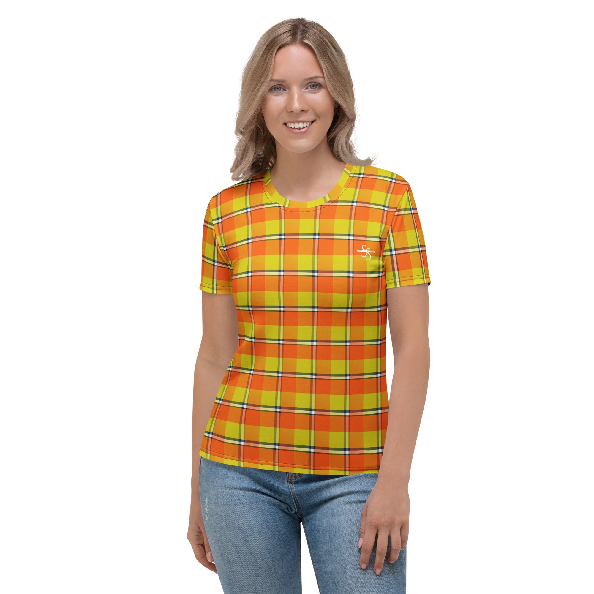 Women's T-Shirt Blaze Orange and Bird Flower Plaid - Scottish Squares