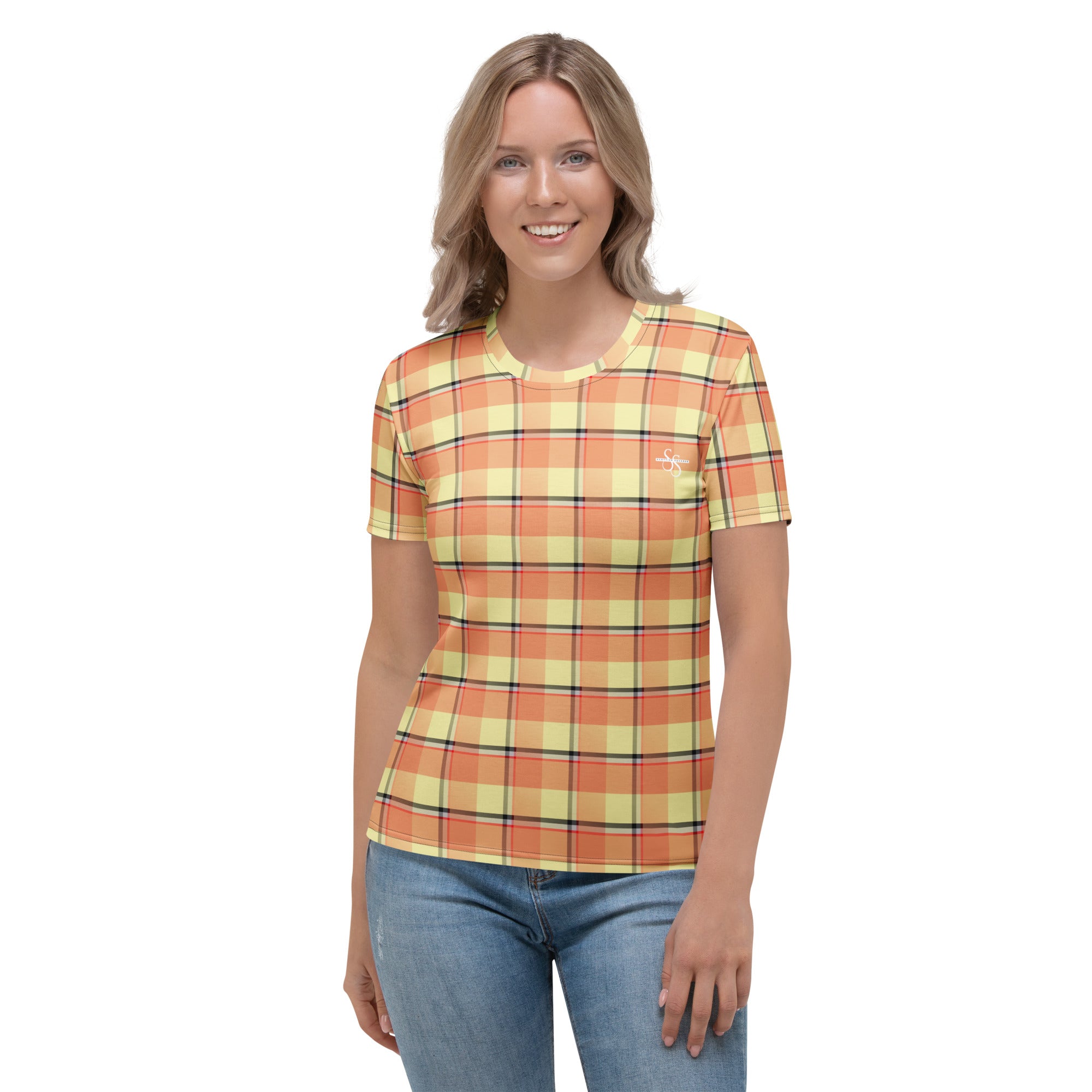 Women's T-Shirt Claystone and Morning Mist Plaid - Scottish Squares