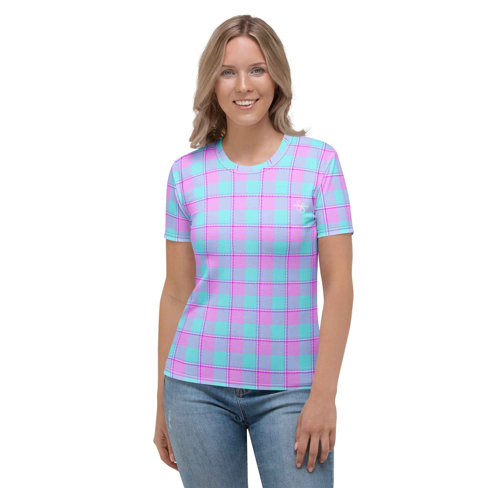 Women's T-Shirt Mauve and Coastal Mist Plaid - Scottish Squares