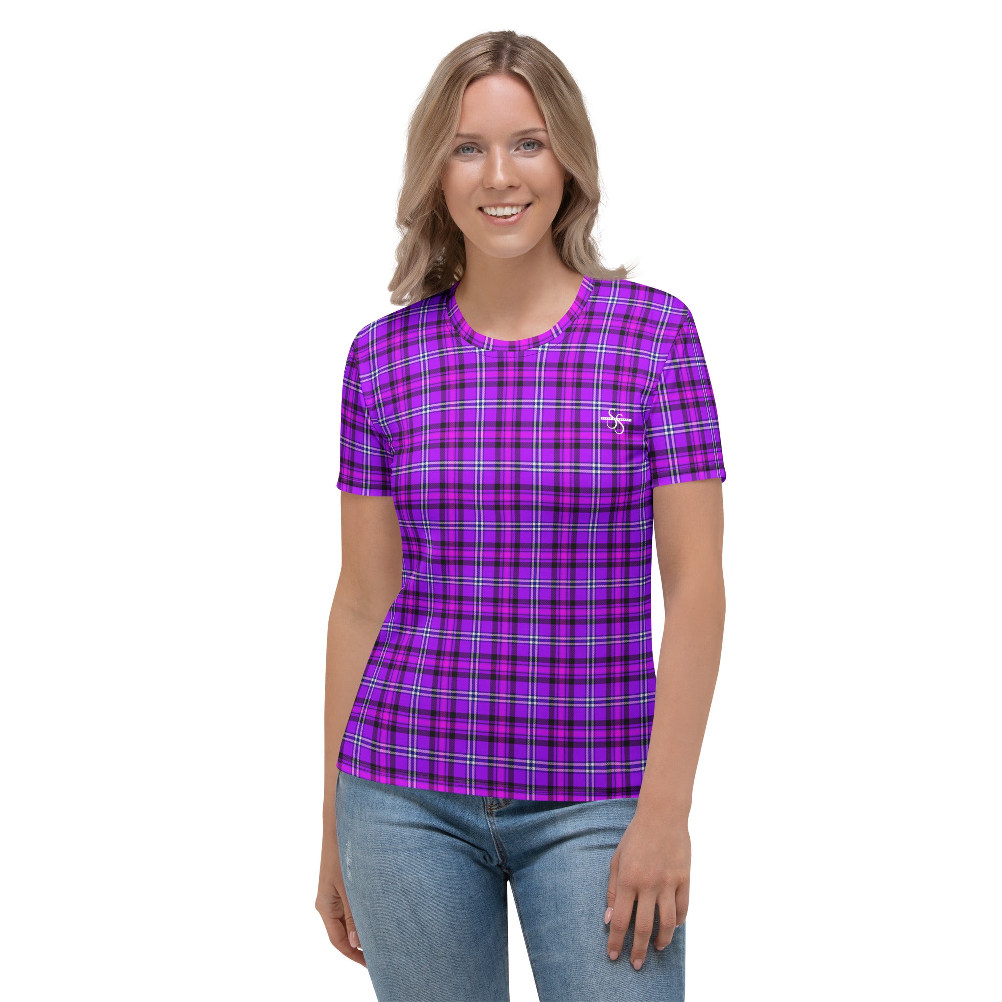 Women's T-Shirt Electric Violet and Fuchsia Plaid - Scottish Squares