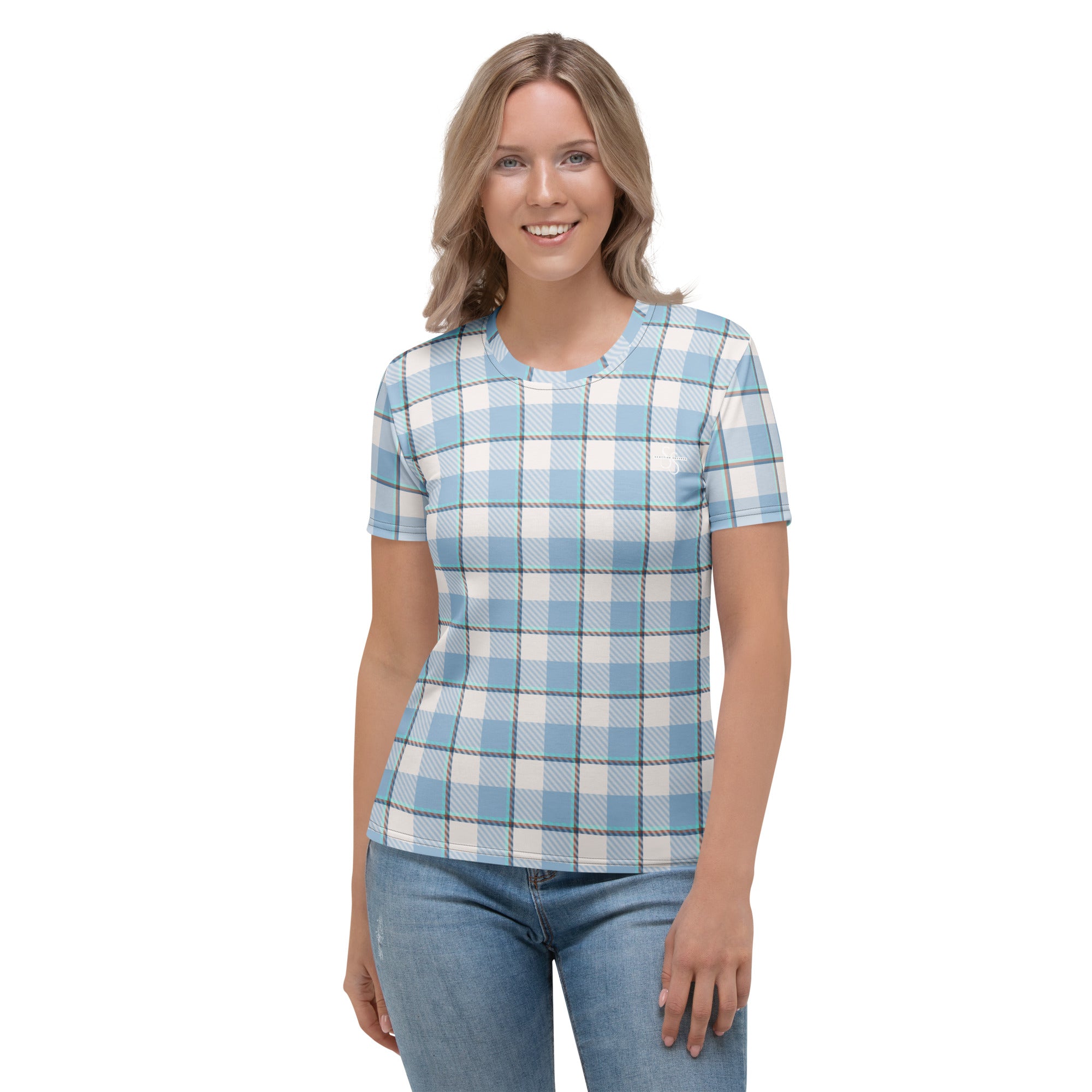 Women's T-Shirt Pink Cloud and Blue Lagoon Plaid - Scottish Squares