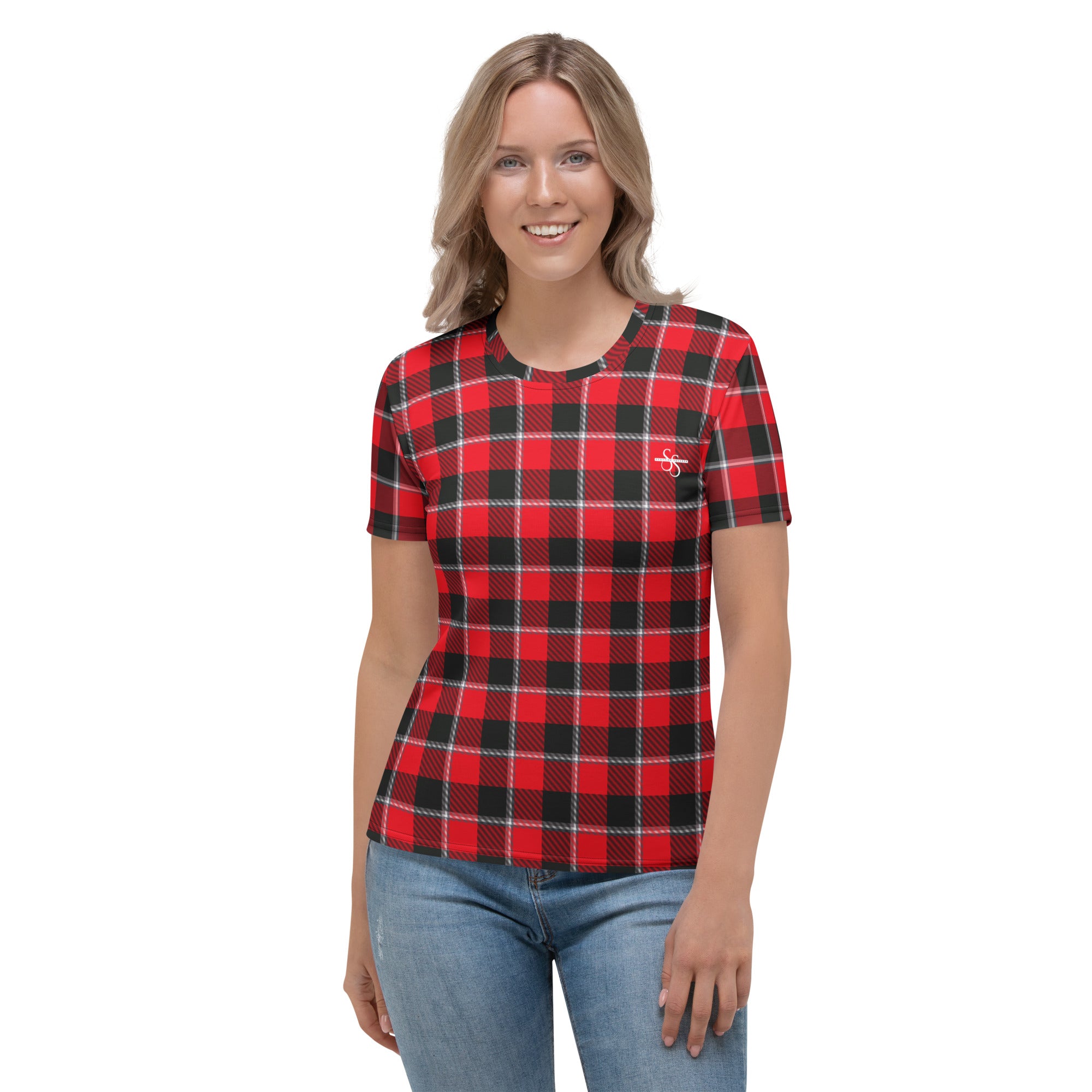 Women's T-Shirt Red Ribbon and Heavy Metal Plaid - Scottish Squares