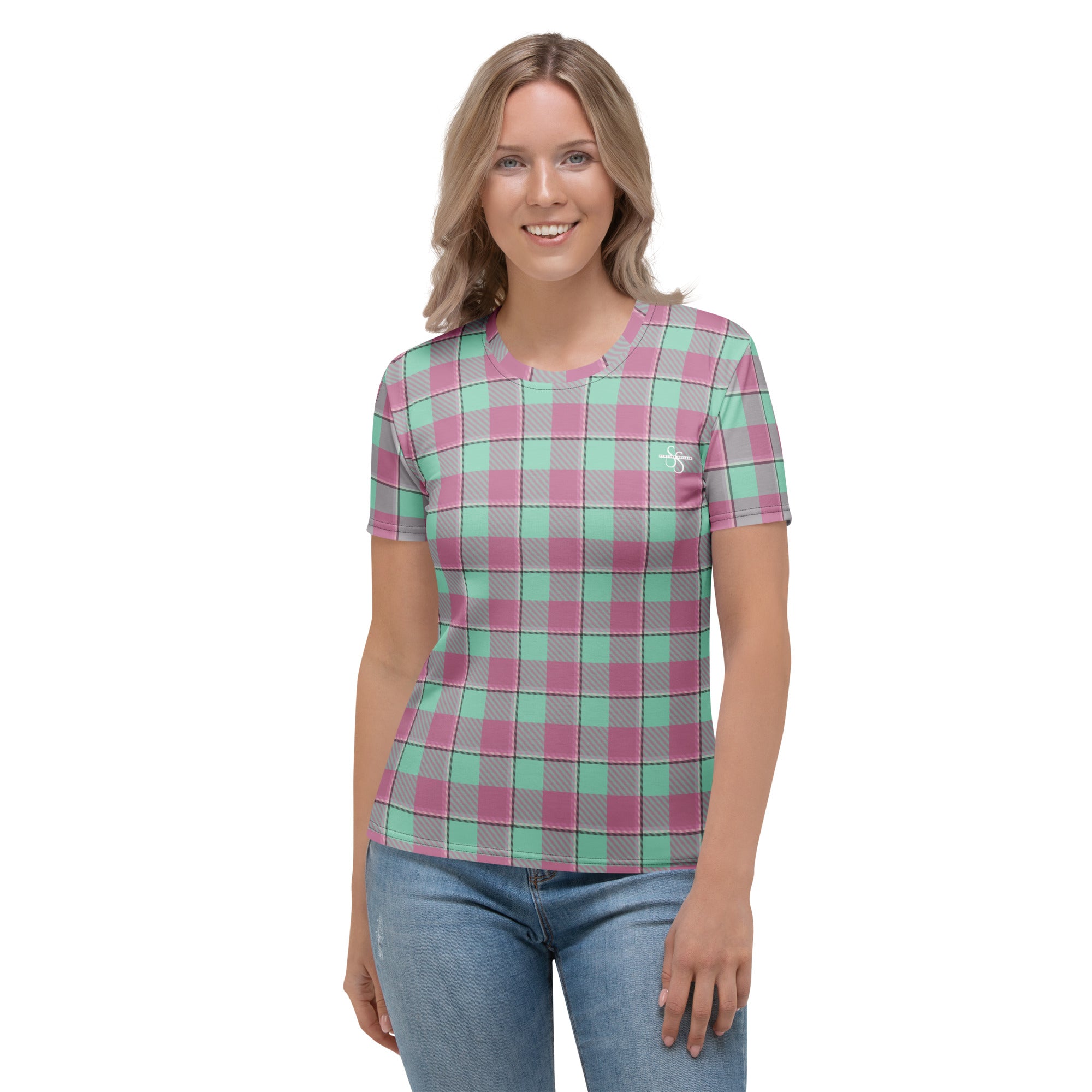 Women's T-Shirt Vista Blue and Turkish Rose Plaid - Scottish Squares