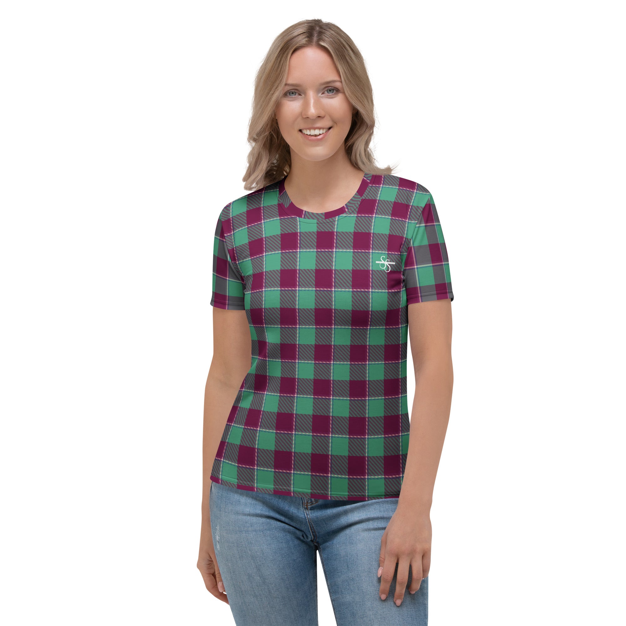 Women's T-Shirt Ocean Green and Mulberry Wood Plaid - Scottish Squares