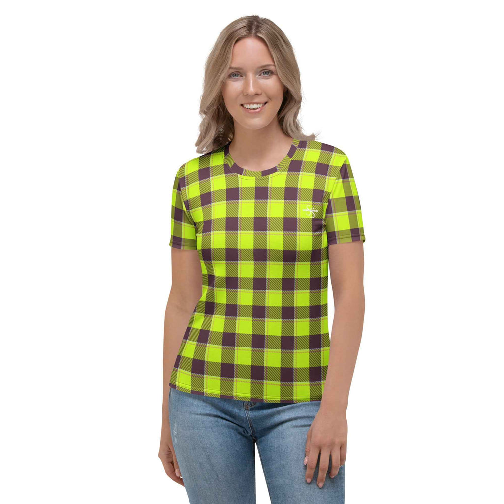 Women's T-Shirt Electric Lime and Livid Brown Plaid