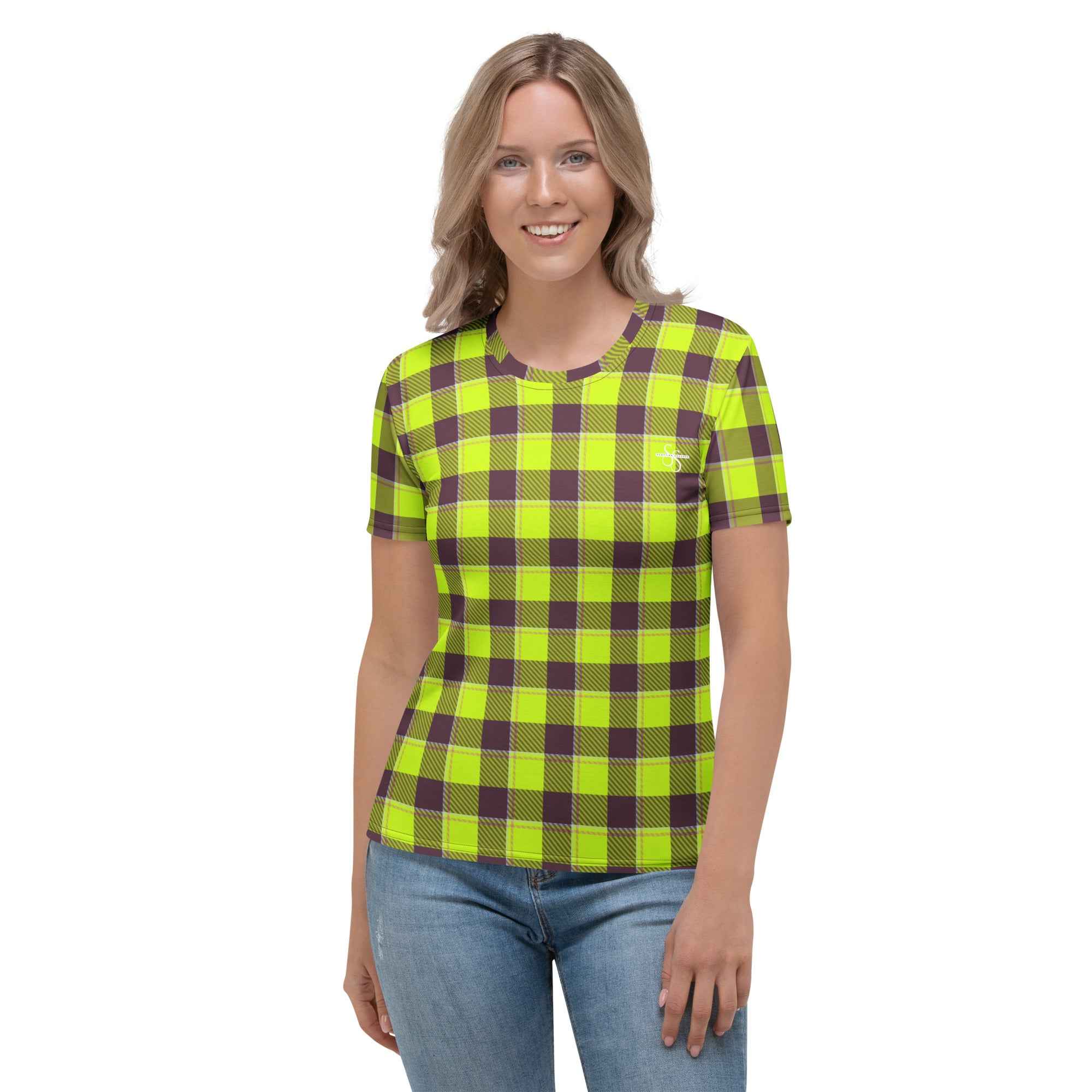 Women's T-Shirt Electric Lime and Livid Brown Plaid