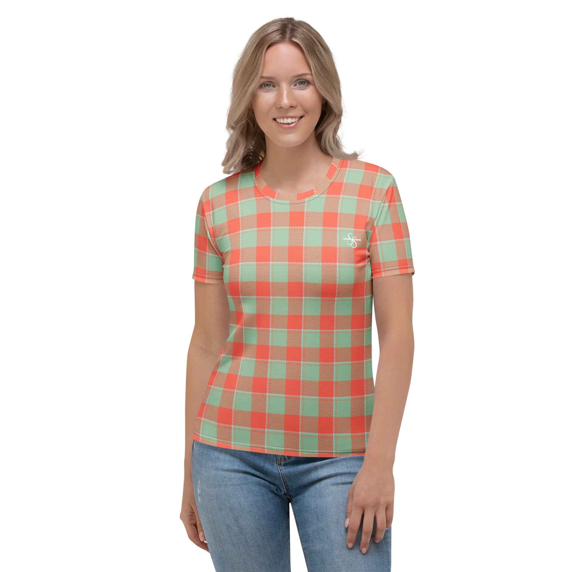 Women's T-Shirt Spring Rain and Persimmon Plaid