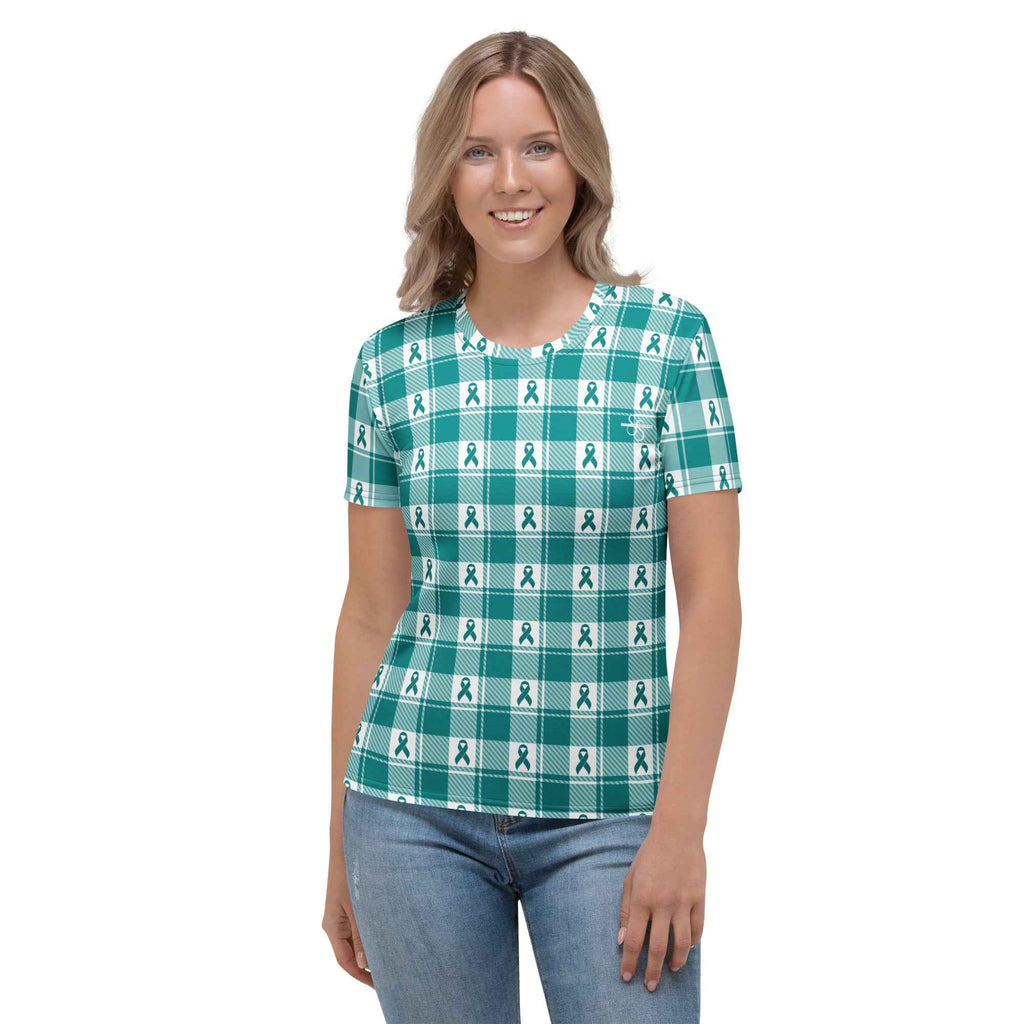 Women's T-Shirt Cervical Cancer Awareness Plaid, Teal Ribbon, Supportive Gift - Scottish Squares
