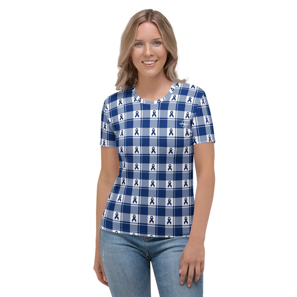 Women's T-Shirt Colorectal Cancer Awareness Plaid, Dark Blue Ribbon, Supportive Gift - Scottish Squares
