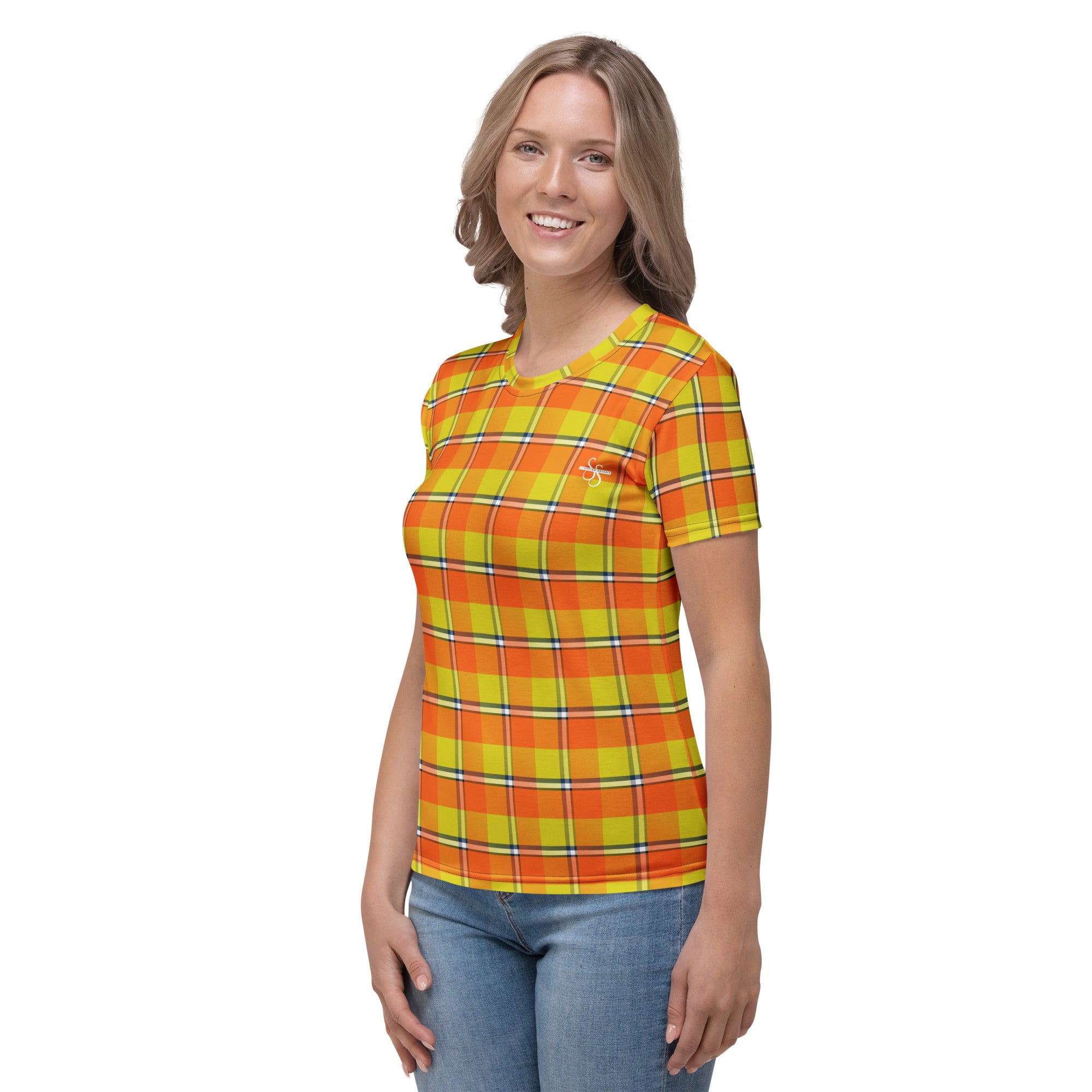 Women's T-Shirt Blaze Orange and Bird Flower Plaid - Scottish Squares