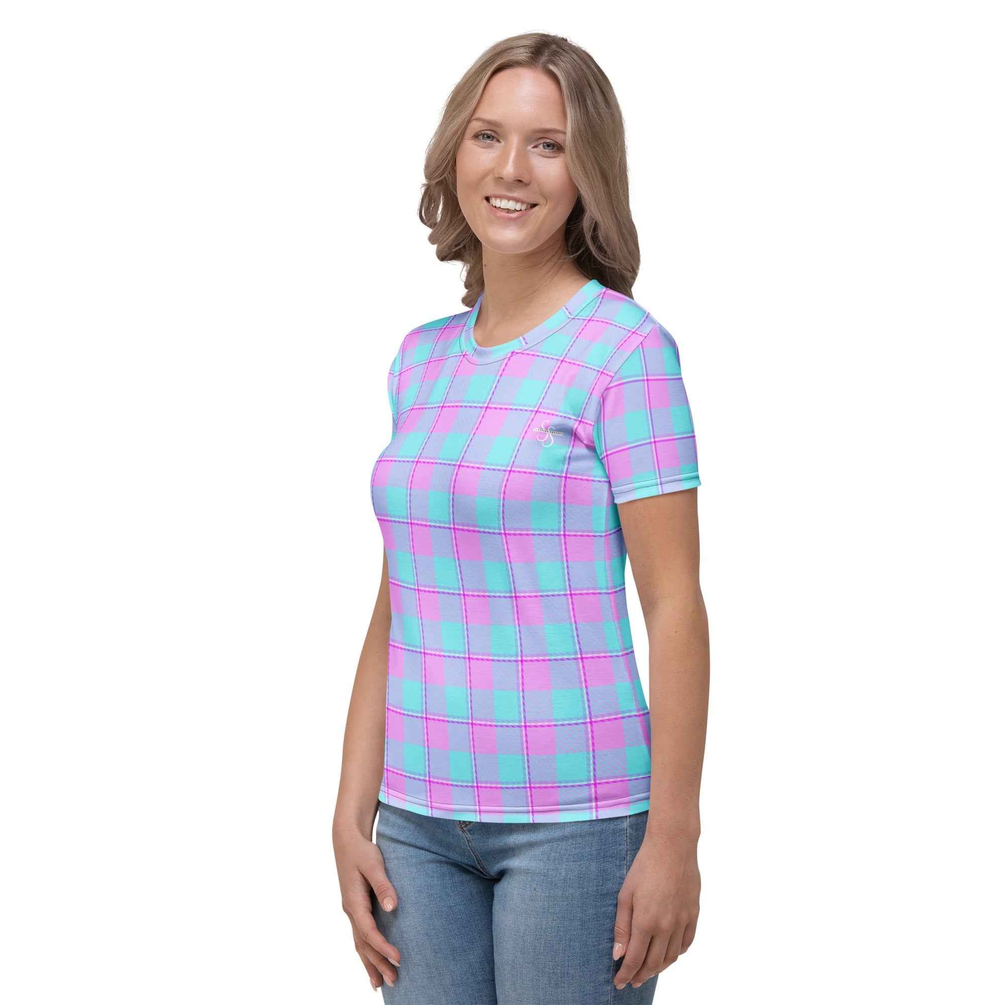 Women's T-Shirt Mauve and Coastal Mist Plaid - Scottish Squares