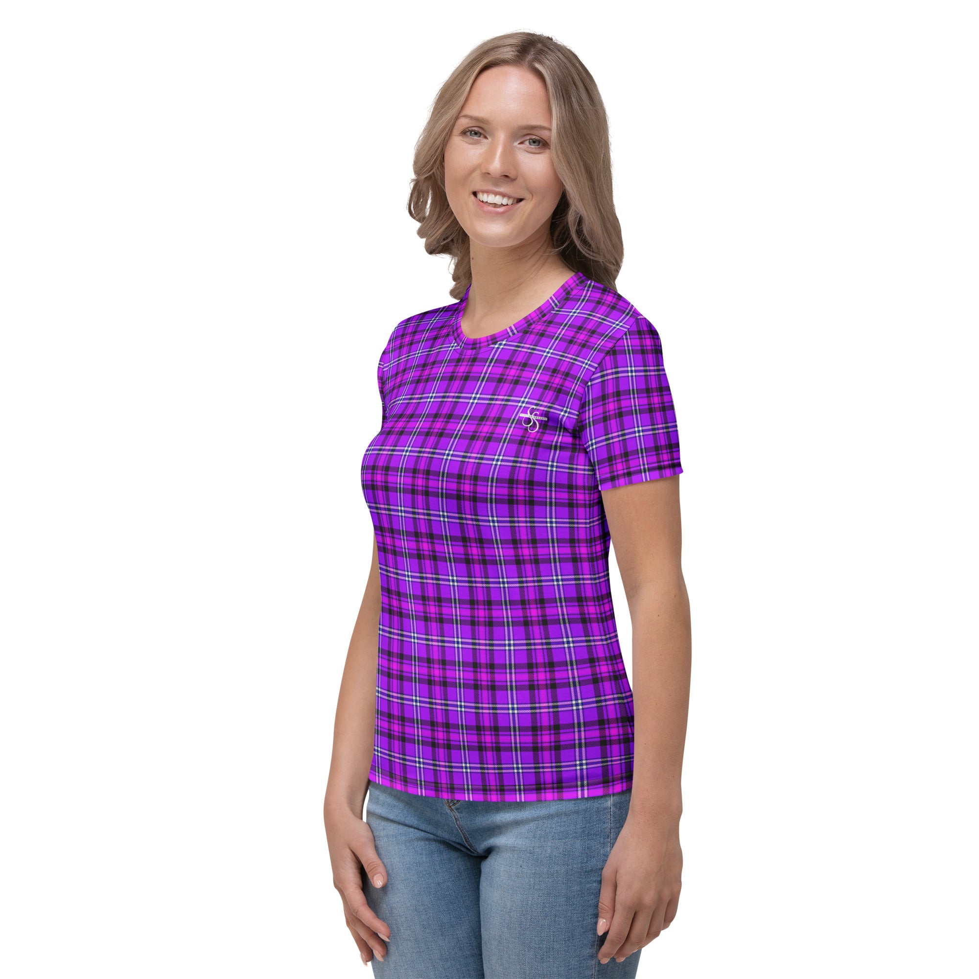 Women's T-Shirt Electric Violet and Fuchsia Plaid - Scottish Squares