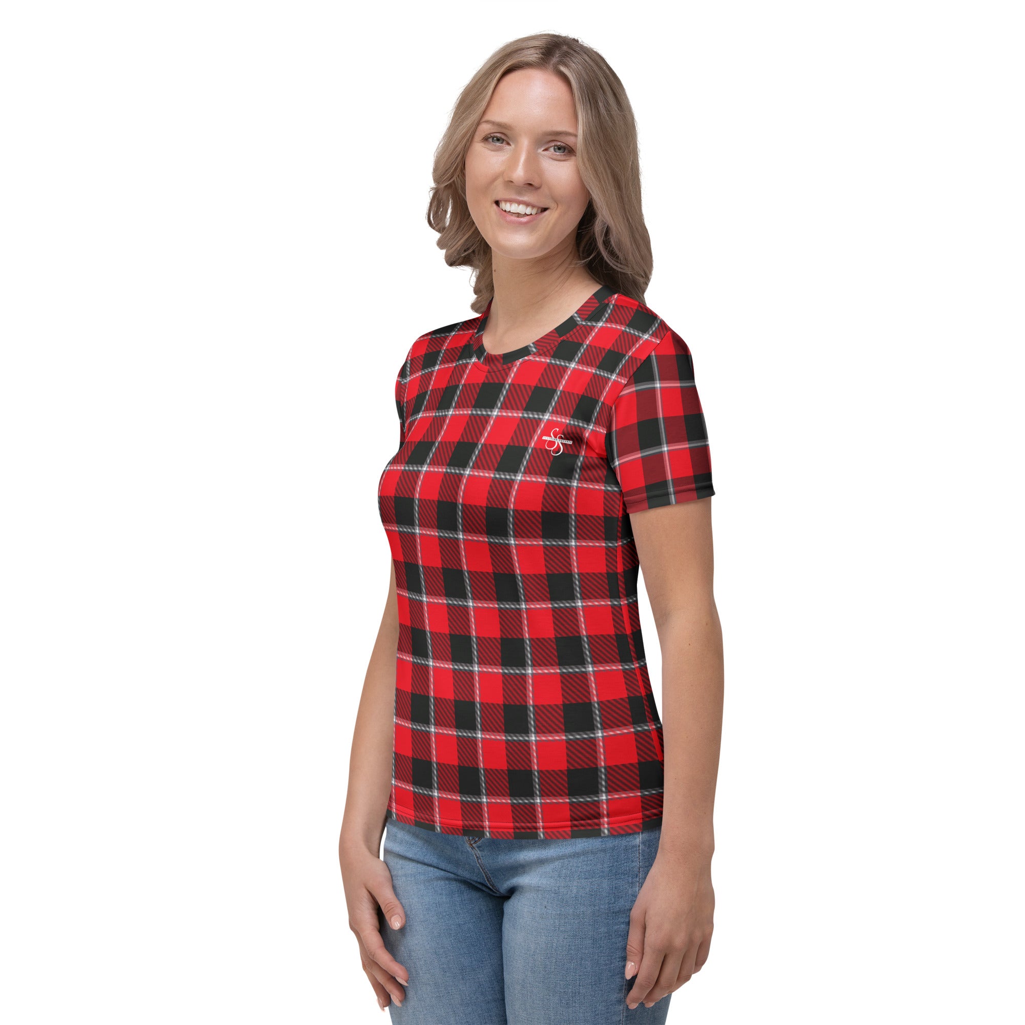 Women's T-Shirt Red Ribbon and Heavy Metal Plaid - Scottish Squares
