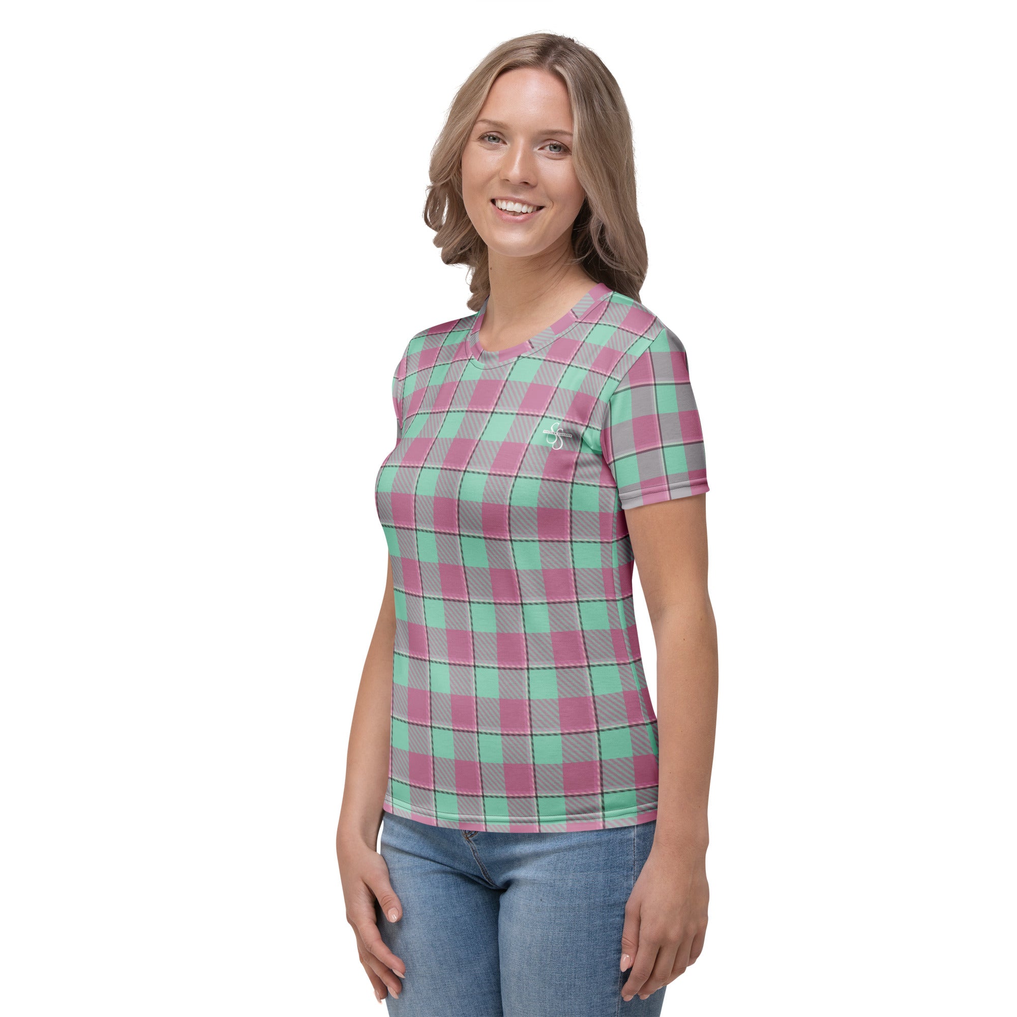 Women's T-Shirt Vista Blue and Turkish Rose Plaid - Scottish Squares