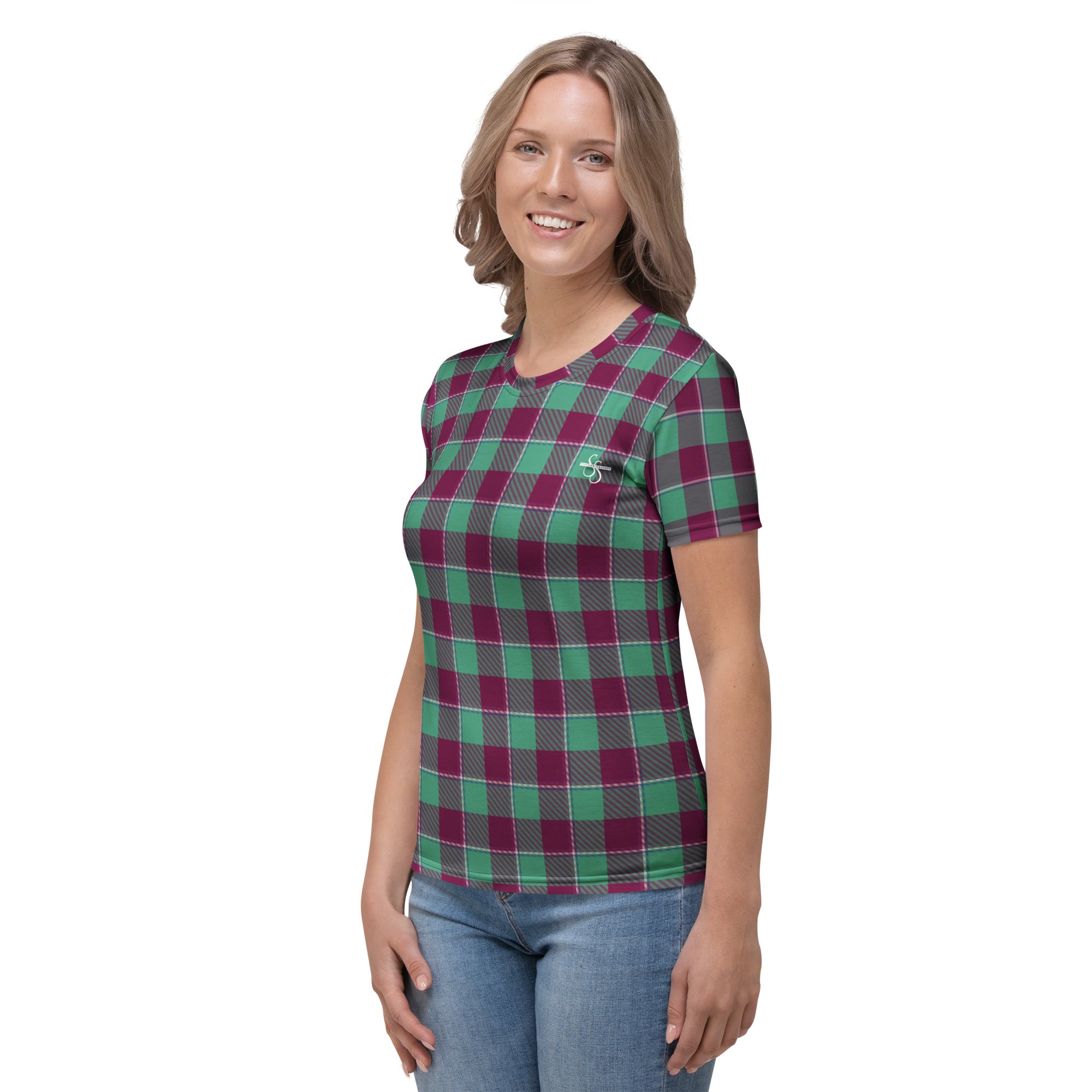Women's T-Shirt Ocean Green and Mulberry Wood Plaid - Scottish Squares