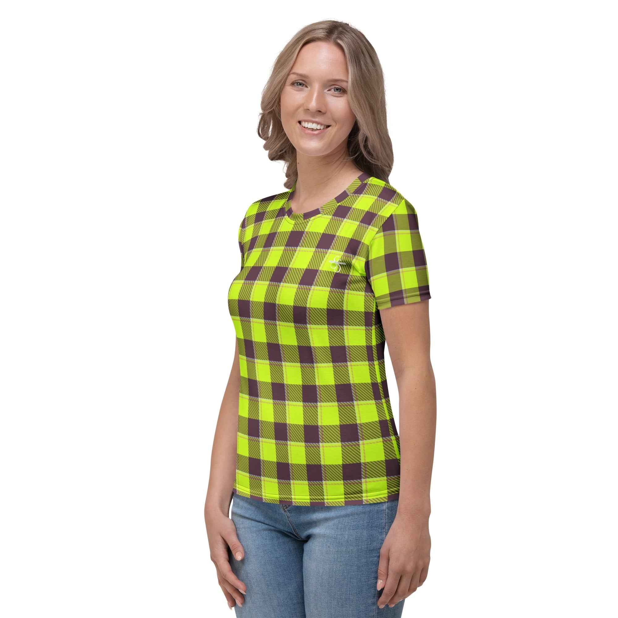 Women's T-Shirt Electric Lime and Livid Brown Plaid