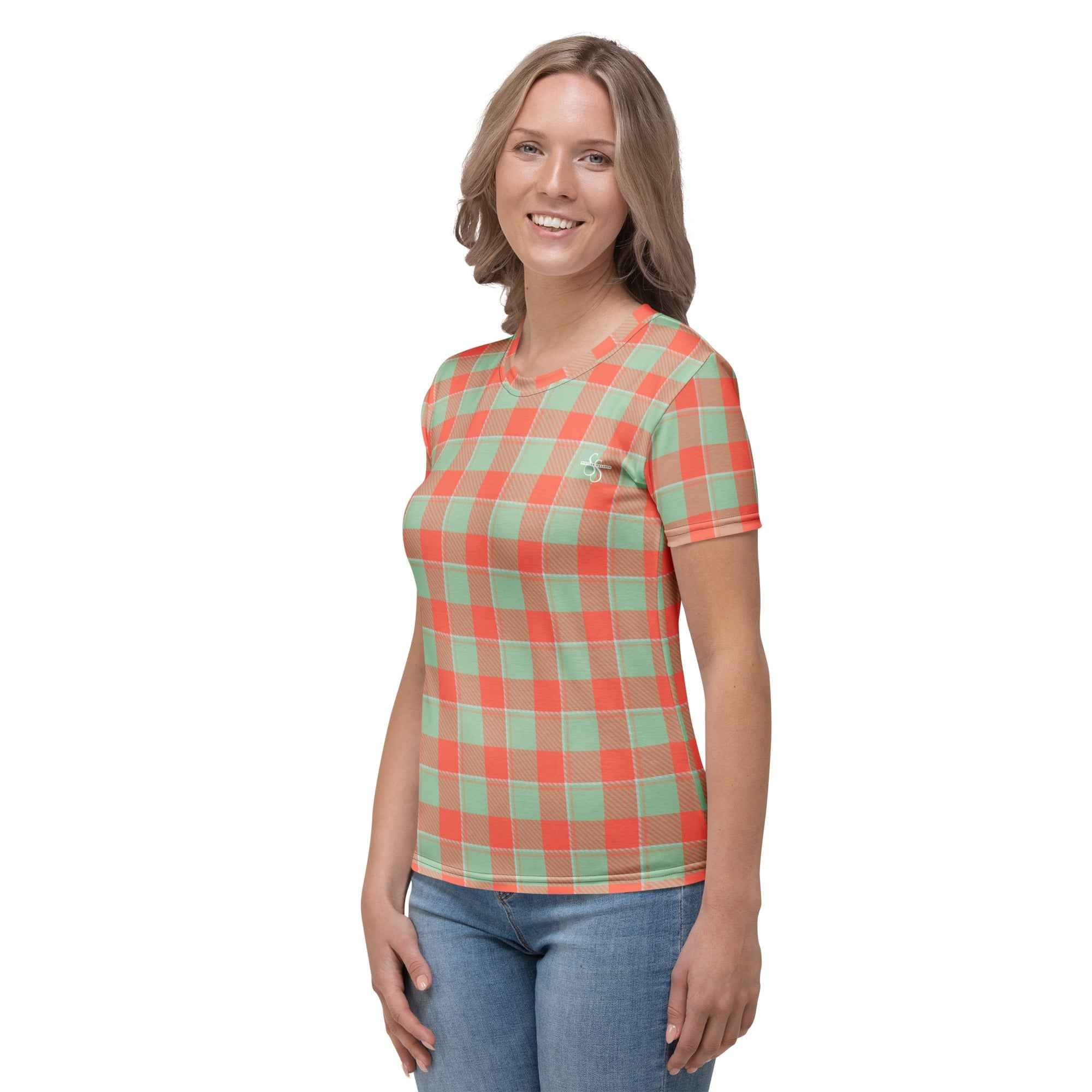 Women's T-Shirt Spring Rain and Persimmon Plaid