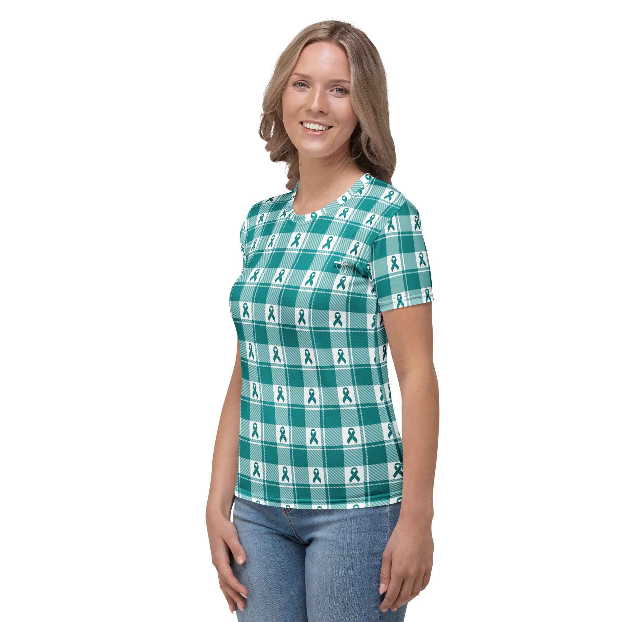 Women's T-Shirt Cervical Cancer Awareness Plaid, Teal Ribbon, Supportive Gift - Scottish Squares