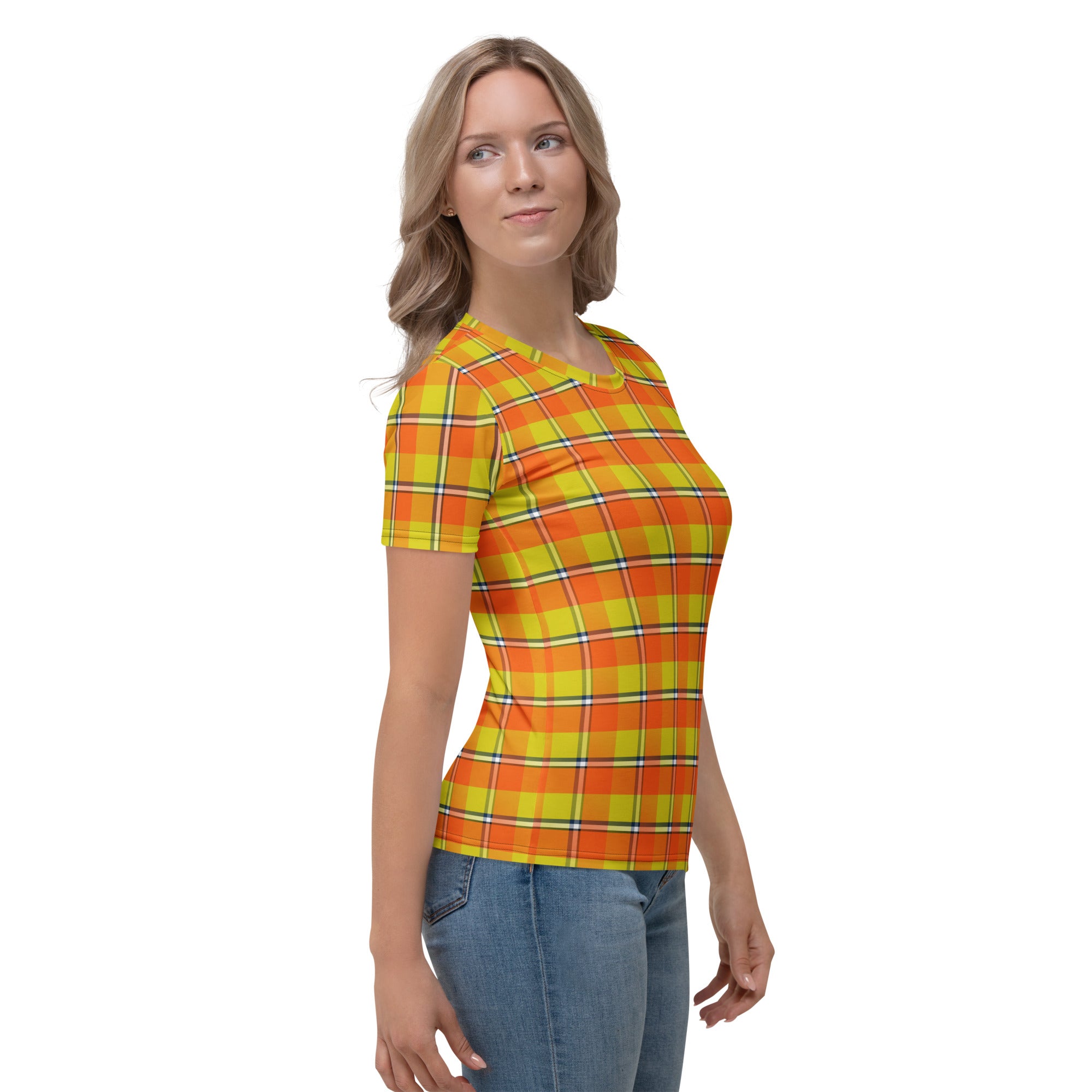 Women's T-Shirt Blaze Orange and Bird Flower Plaid - Scottish Squares