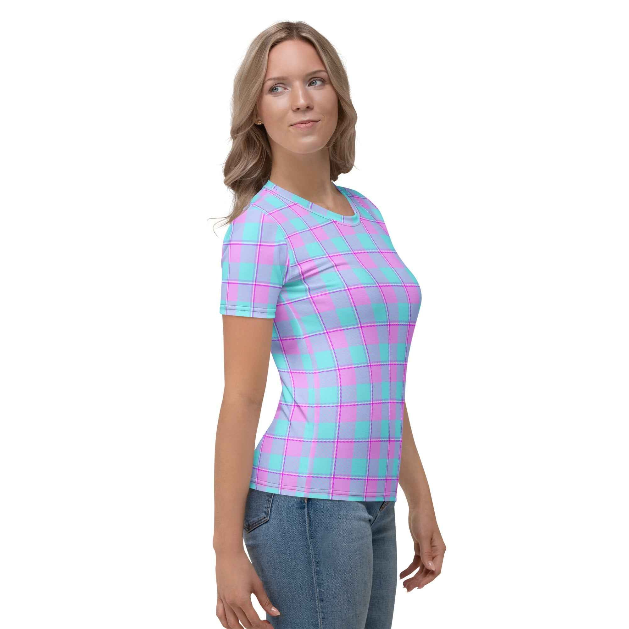 Women's T-Shirt Mauve and Coastal Mist Plaid - Scottish Squares