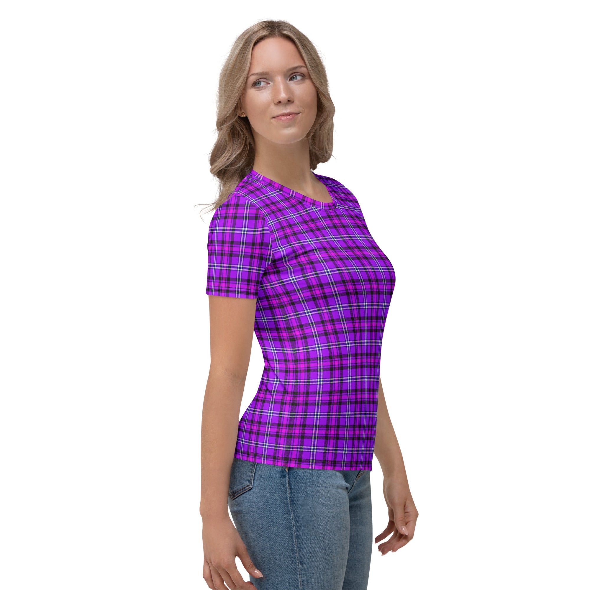 Women's T-Shirt Electric Violet and Fuchsia Plaid - Scottish Squares