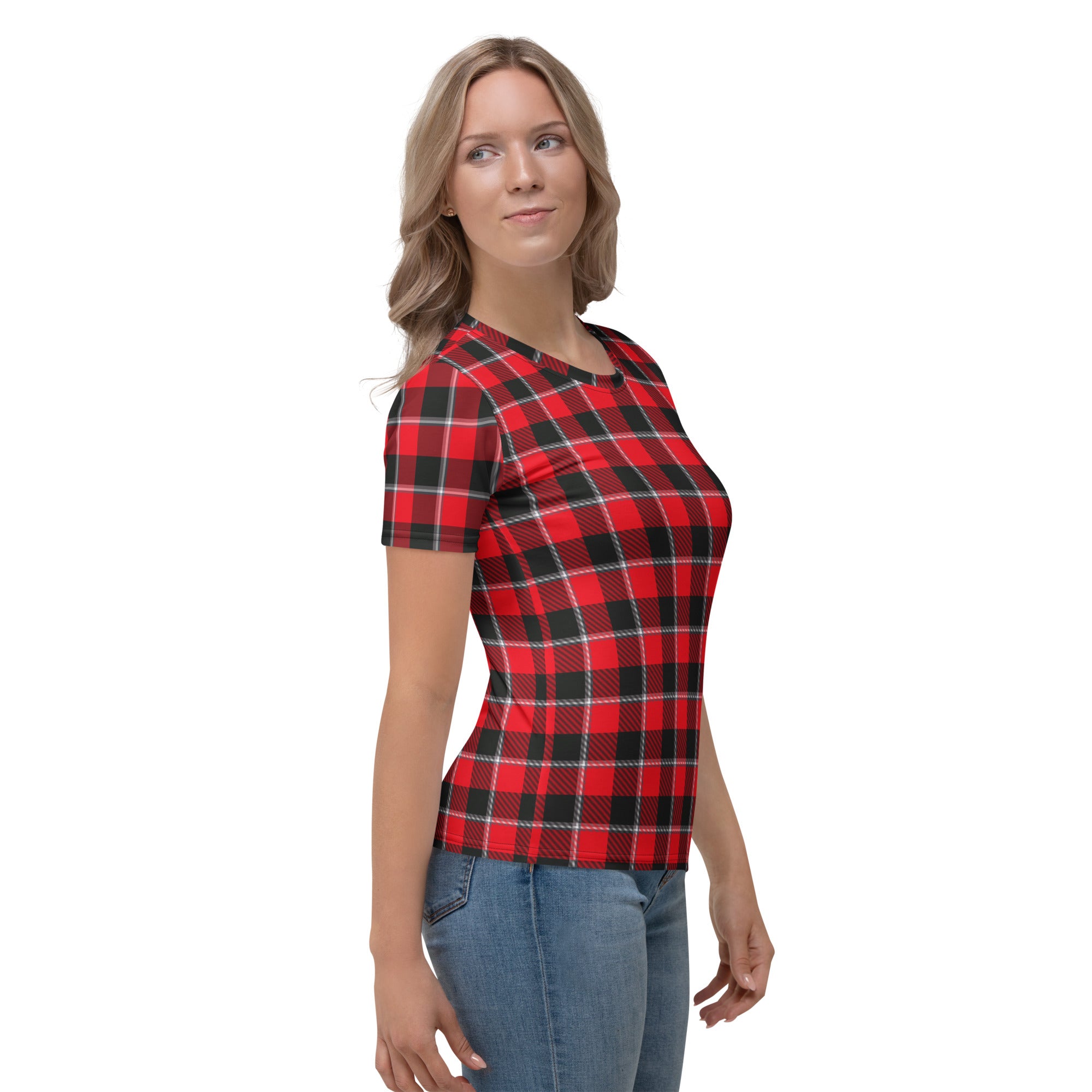 Women's T-Shirt Red Ribbon and Heavy Metal Plaid - Scottish Squares