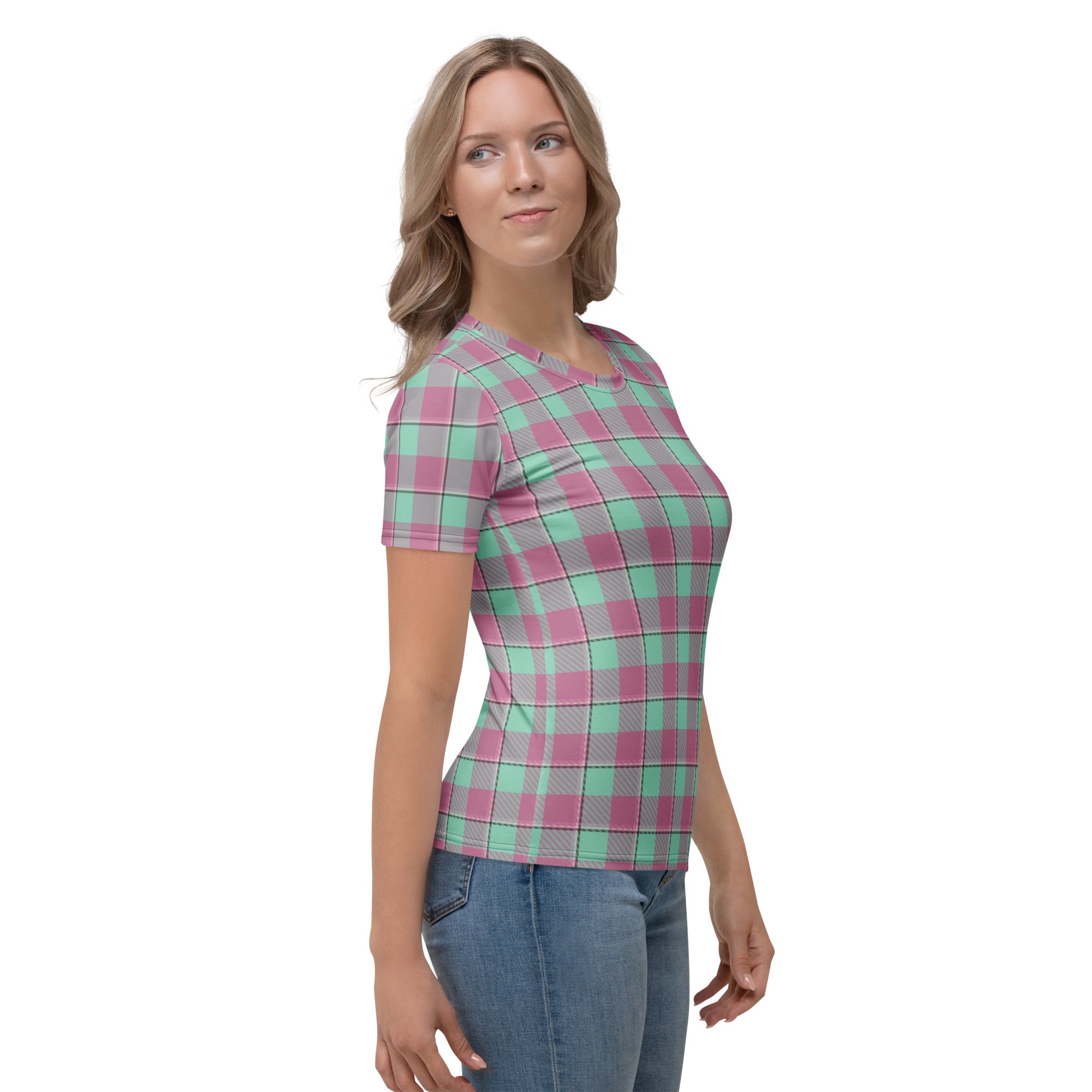 Women's T-Shirt Vista Blue and Turkish Rose Plaid - Scottish Squares