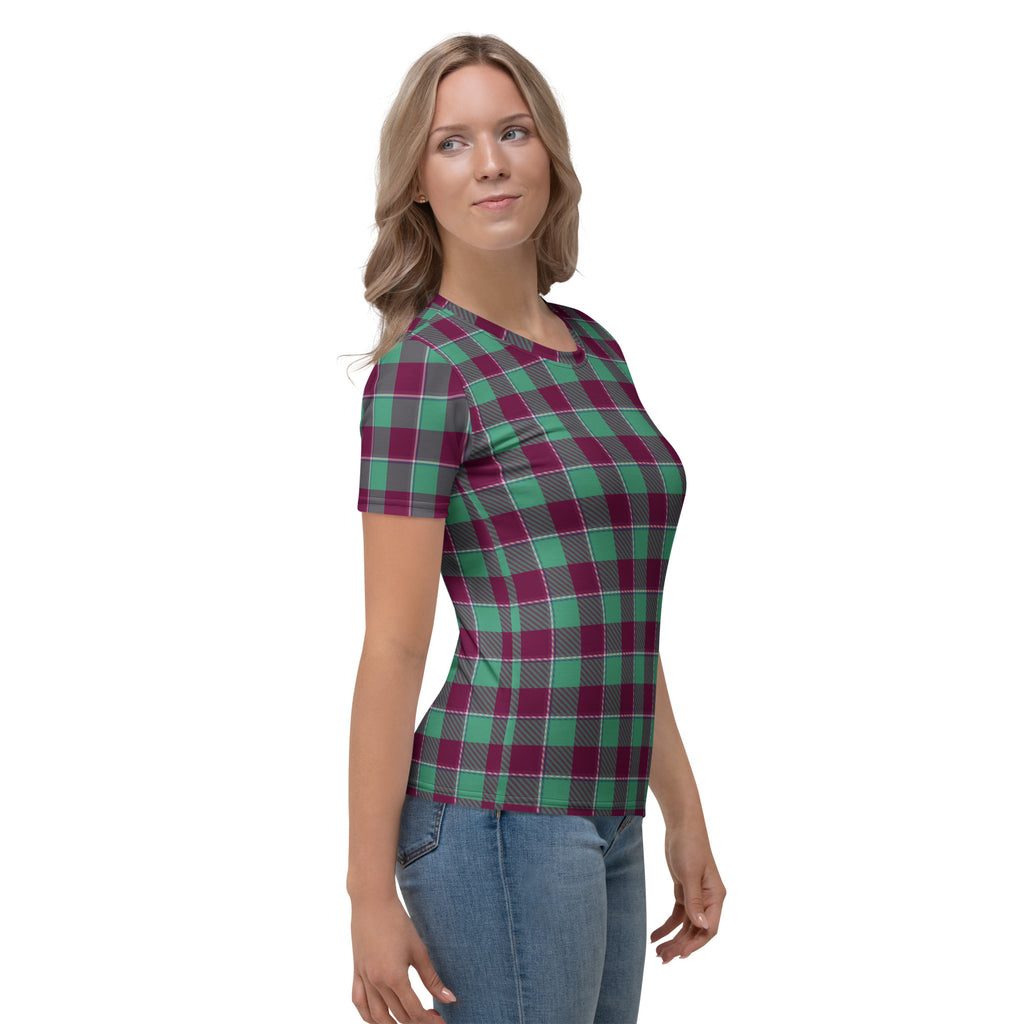 Women's T-Shirt Ocean Green and Mulberry Wood Plaid - Scottish Squares