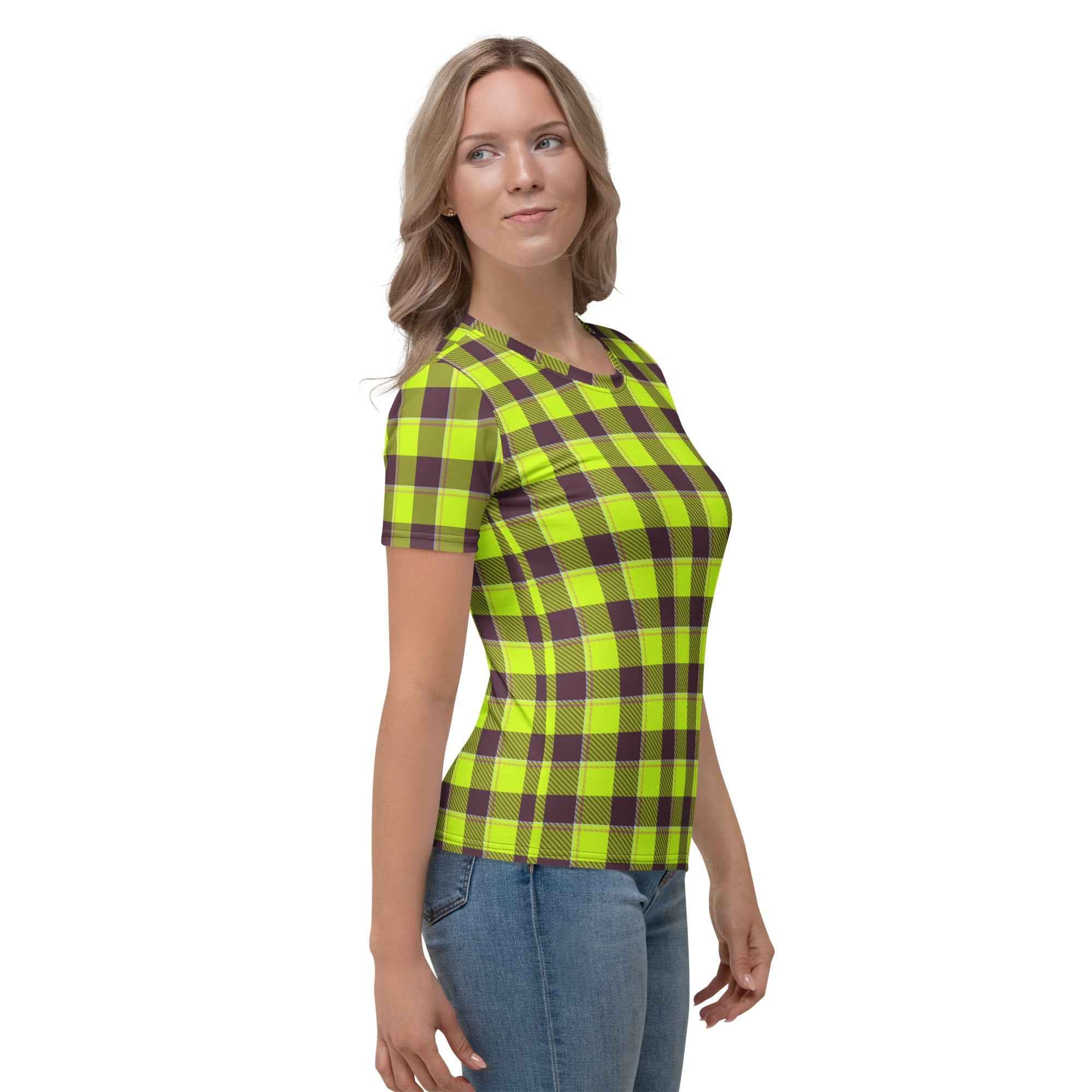 Women's T-Shirt Electric Lime and Livid Brown Plaid