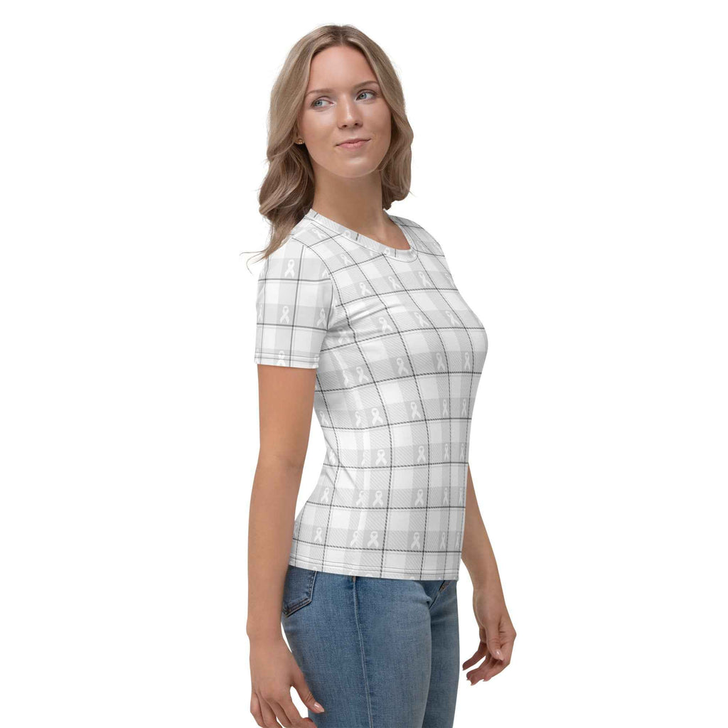 Women's T-Shirt Lung Cancer Awareness Plaid, White Ribbon, Supportive Gift - Scottish Squares