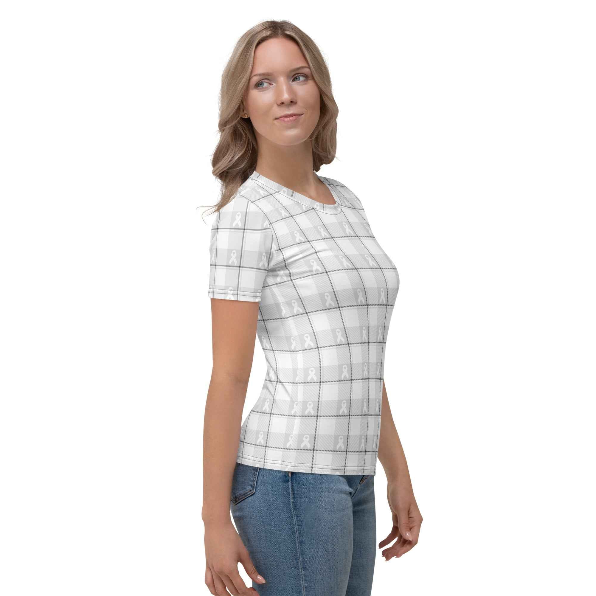 Women's T-Shirt Lung Cancer Awareness Plaid, White Ribbon, Supportive Gift - Scottish Squares