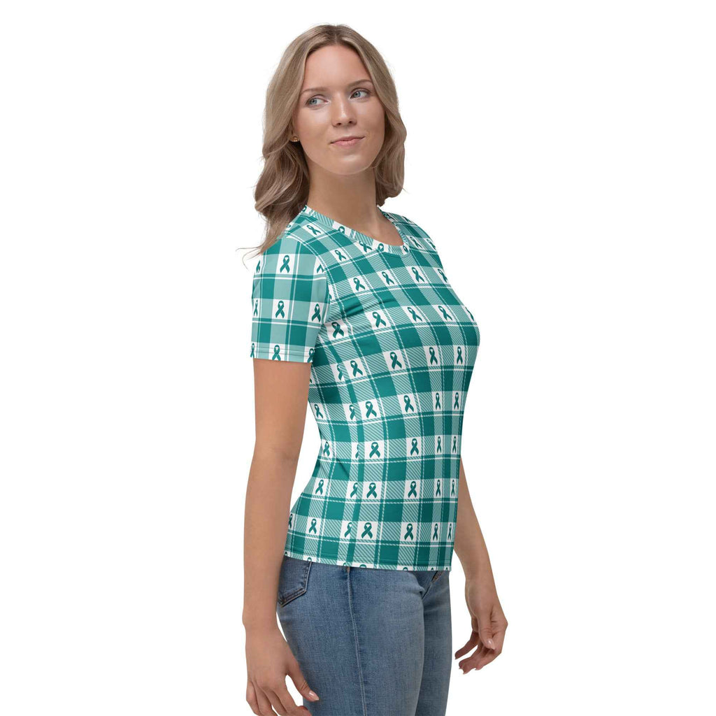 Women's T-Shirt Cervical Cancer Awareness Plaid, Teal Ribbon, Supportive Gift - Scottish Squares