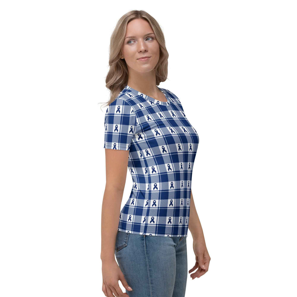 Women's T-Shirt Colorectal Cancer Awareness Plaid, Dark Blue Ribbon, Supportive Gift - Scottish Squares