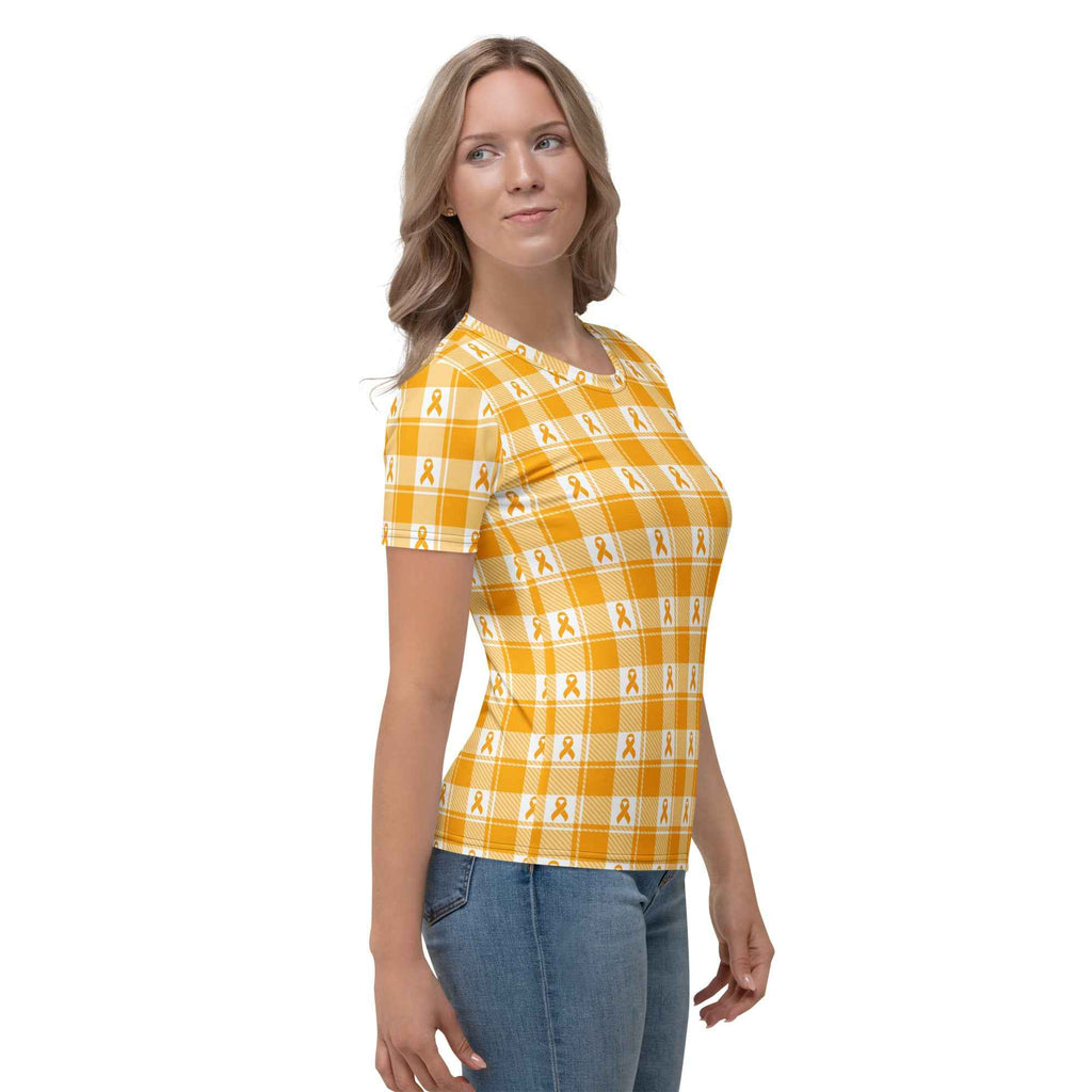 Women's T-Shirt Kidney Cancer Awareness Plaid, Orange Ribbon, Supportive Gift - Scottish Squares