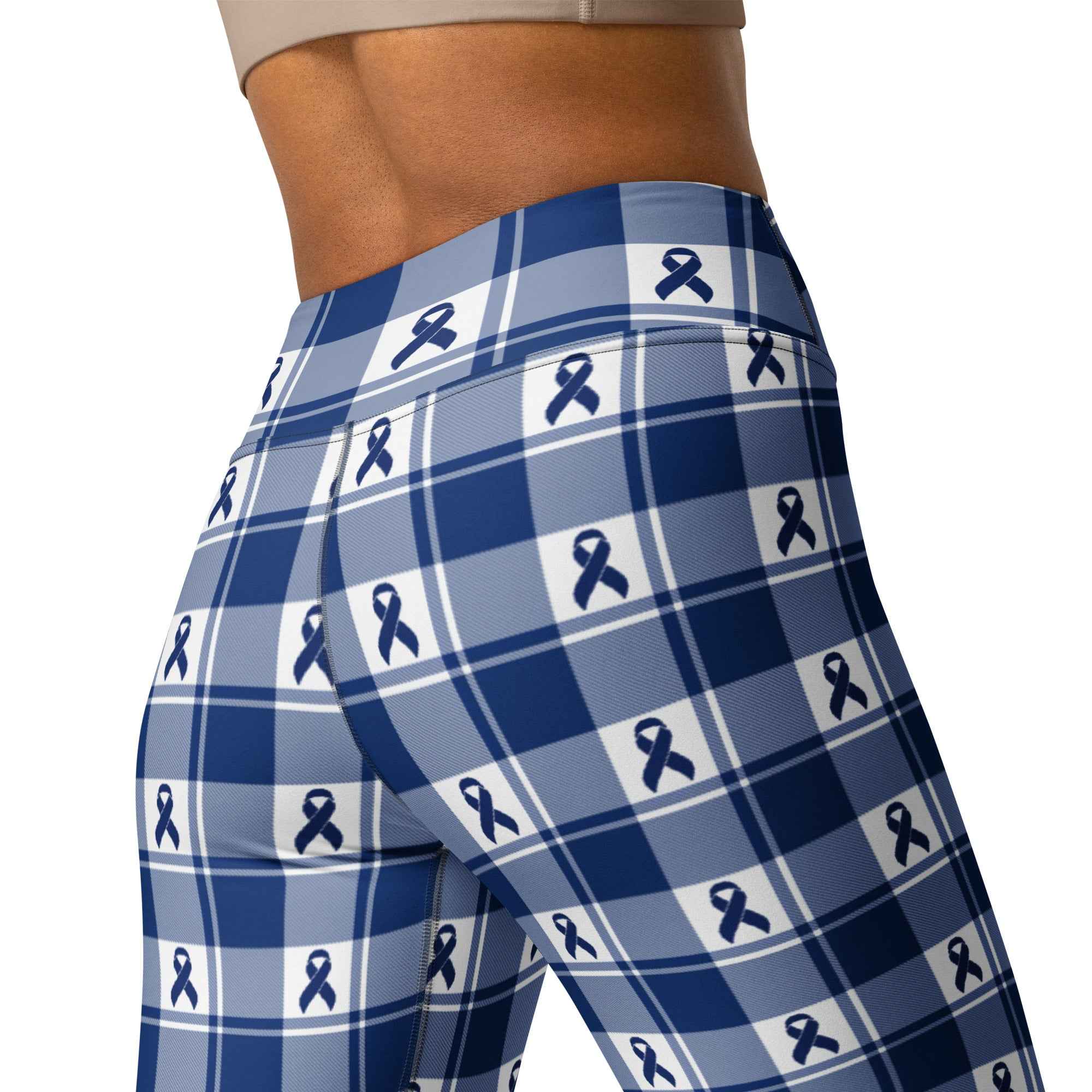 Yoga Leggings Colorectal Cancer Awareness Plaid, Dark Blue Ribbon, Supportive Gift - Scottish Squares