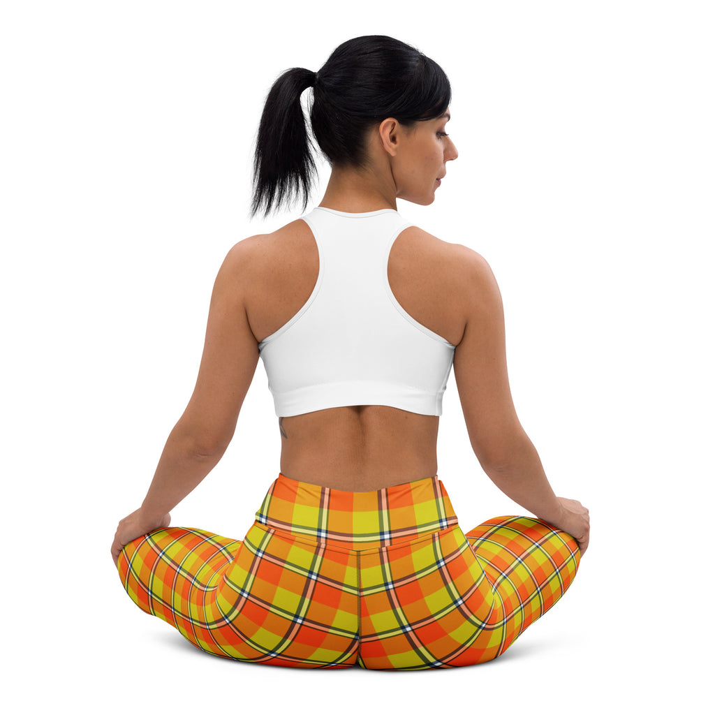 Yoga Leggings Blaze Orange and Bird Flower Plaid - Scottish Squares