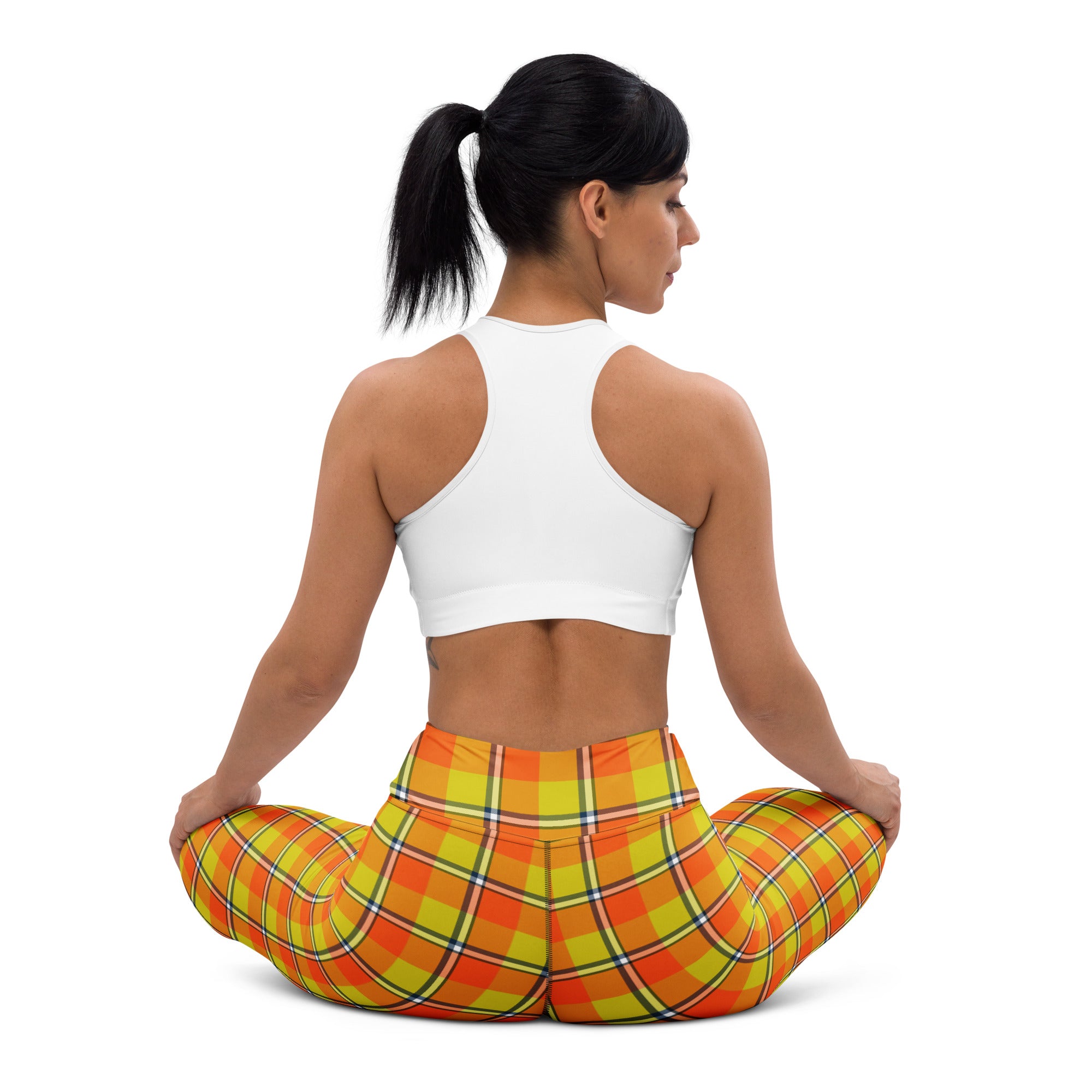 Yoga Leggings Blaze Orange and Bird Flower Plaid - Scottish Squares