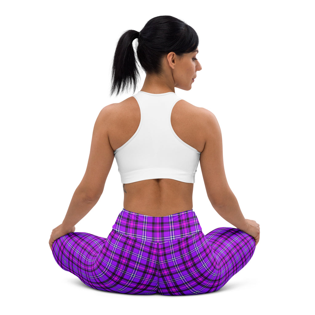 Yoga Leggings Electric Violet and Fuchsia Plaid - Scottish Squares
