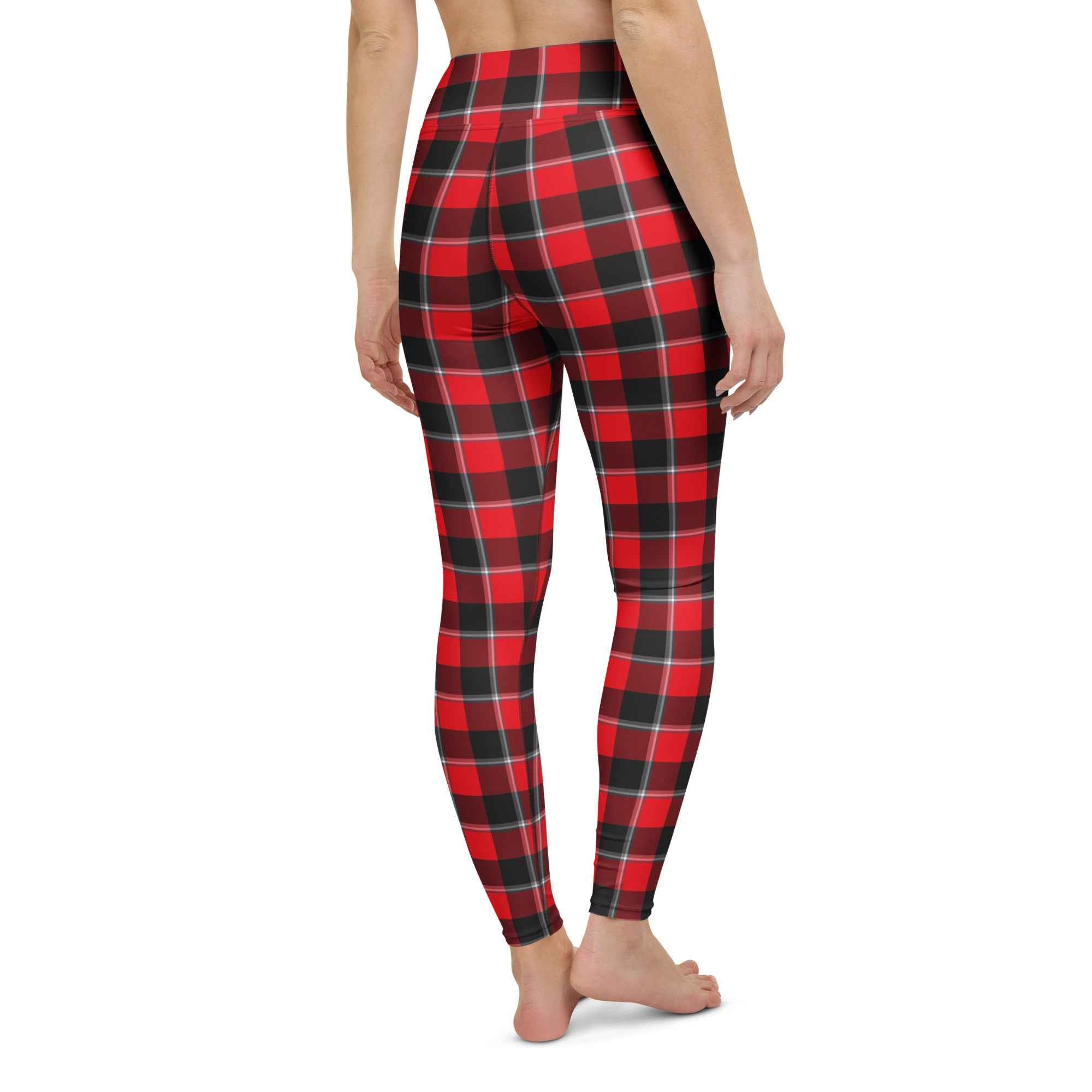 Yoga Leggings Red Ribbon and Heavy Metal Plaid - Scottish Squares