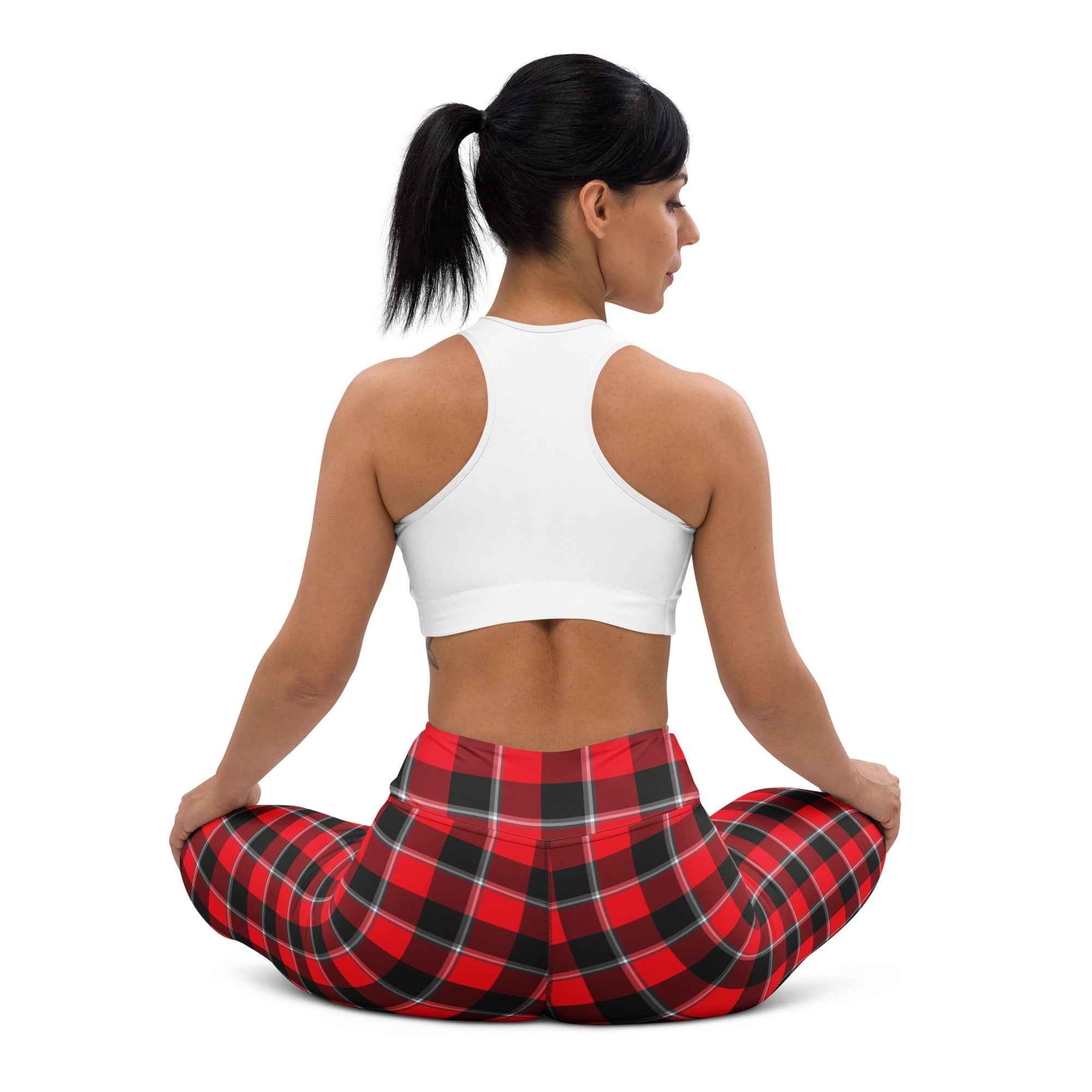 Yoga Leggings Red Ribbon and Heavy Metal Plaid - Scottish Squares
