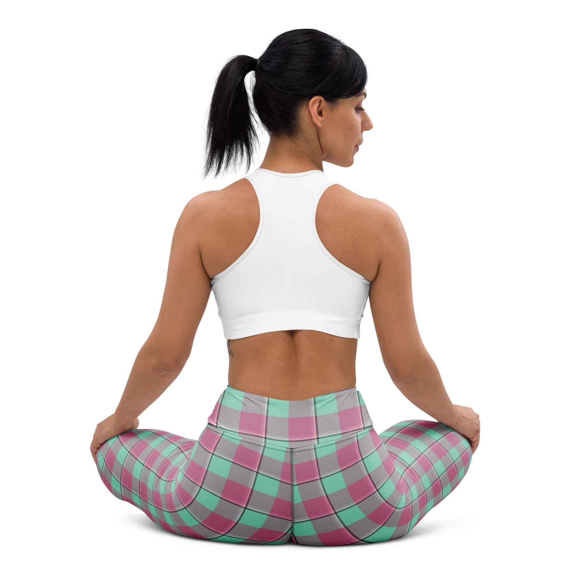 Yoga Leggings Vista Blue and Turkish Rose Plaid - Scottish Squares