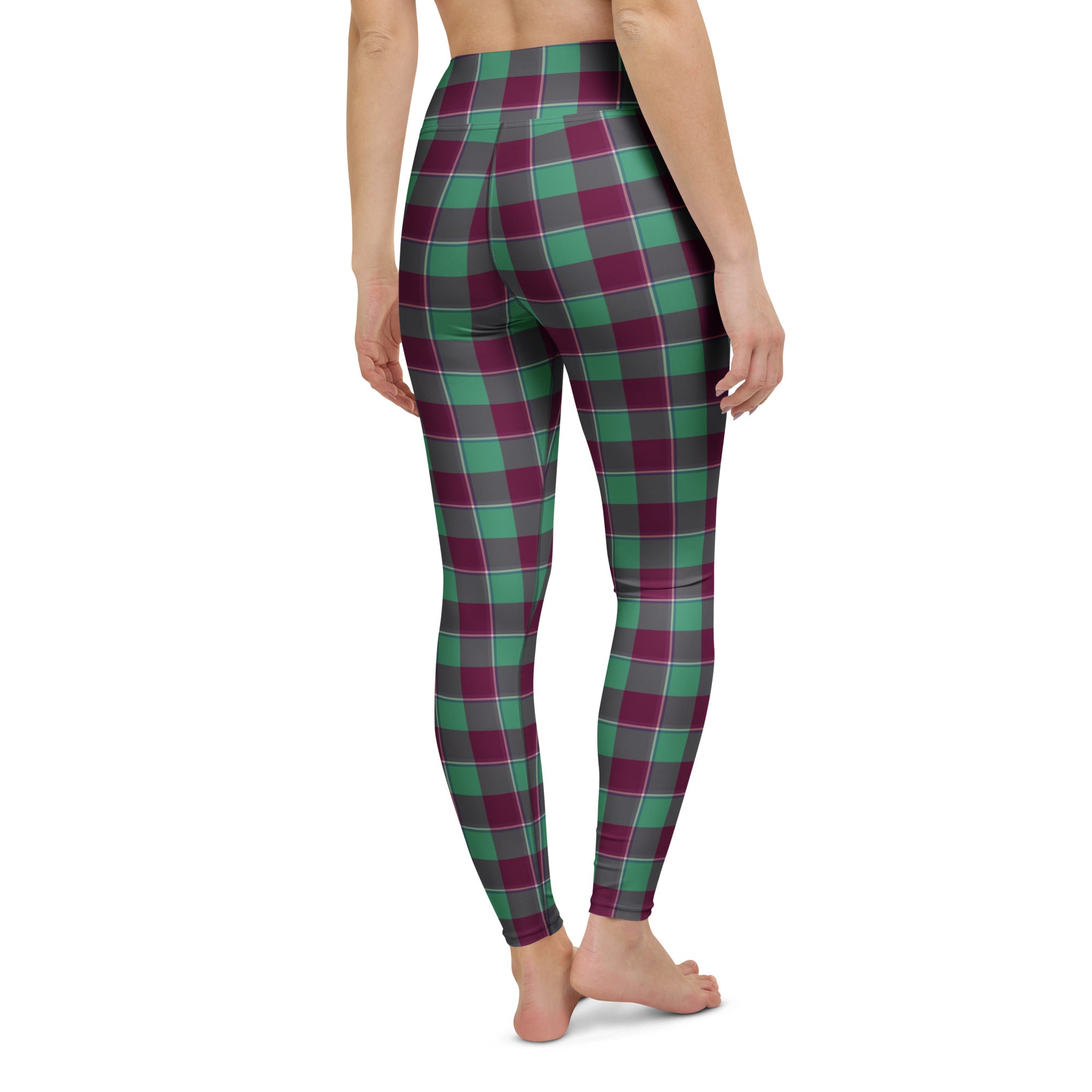 Yoga Leggings Ocean Green and Mulberry Wood Plaid - Scottish Squares