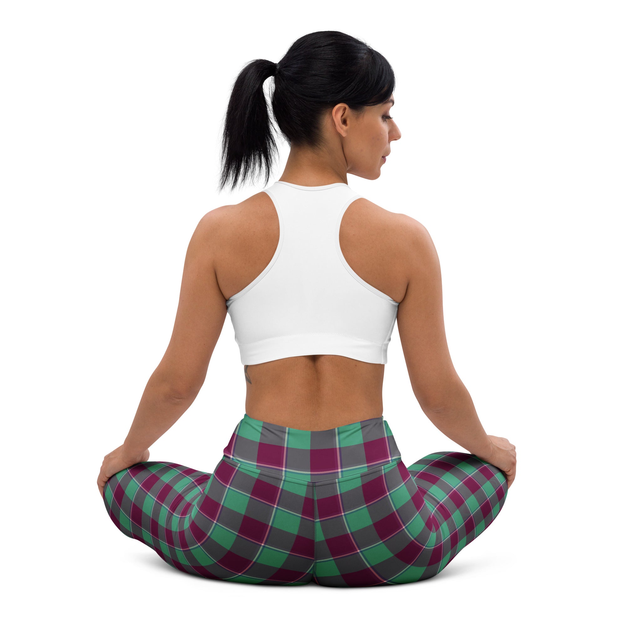 Yoga Leggings Ocean Green and Mulberry Wood Plaid - Scottish Squares