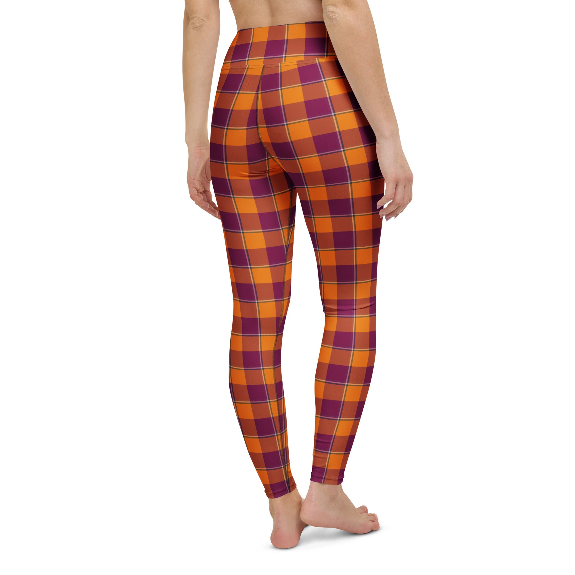 Yoga Leggings Tahiti Gold and Rose Bud Cherry Plaid - Scottish Squares