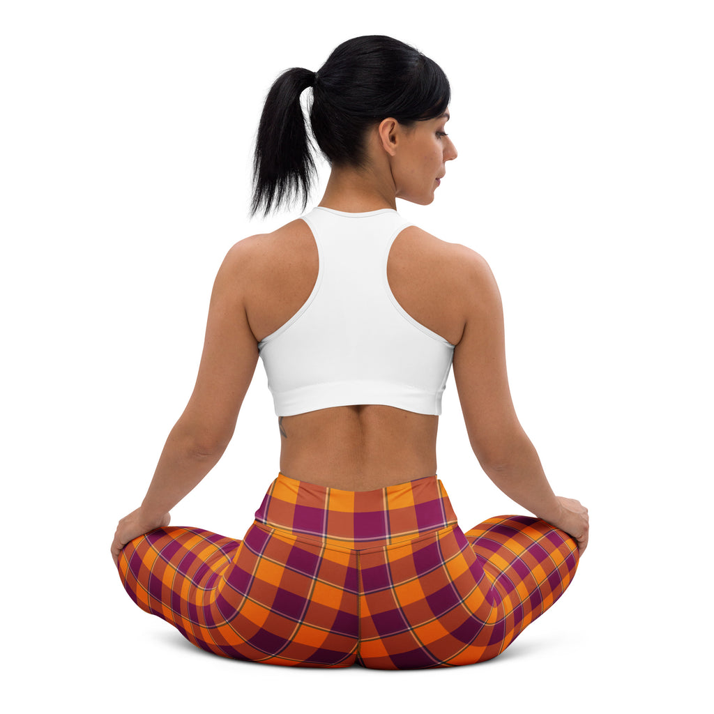Yoga Leggings Tahiti Gold and Rose Bud Cherry Plaid - Scottish Squares