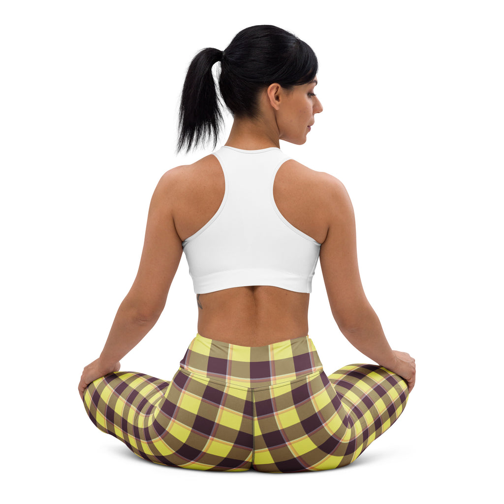 Yoga Leggings Flax and Livid Brown Plaid - Scottish Squares
