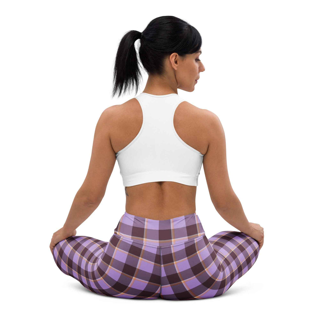 Yoga Leggings Light Wisteria and Livid Brown Plaid - Scottish Squares