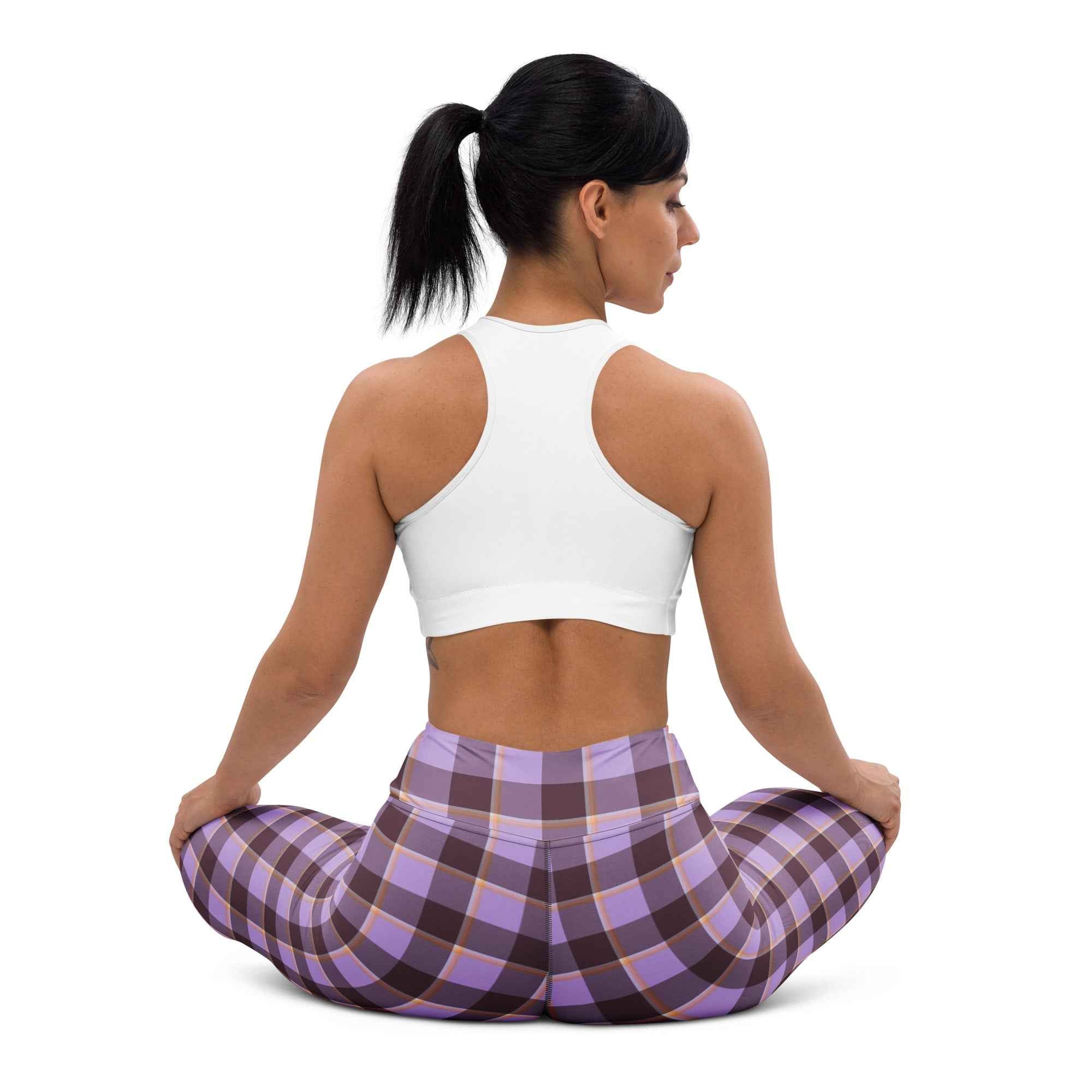 Yoga Leggings Light Wisteria and Livid Brown Plaid - Scottish Squares