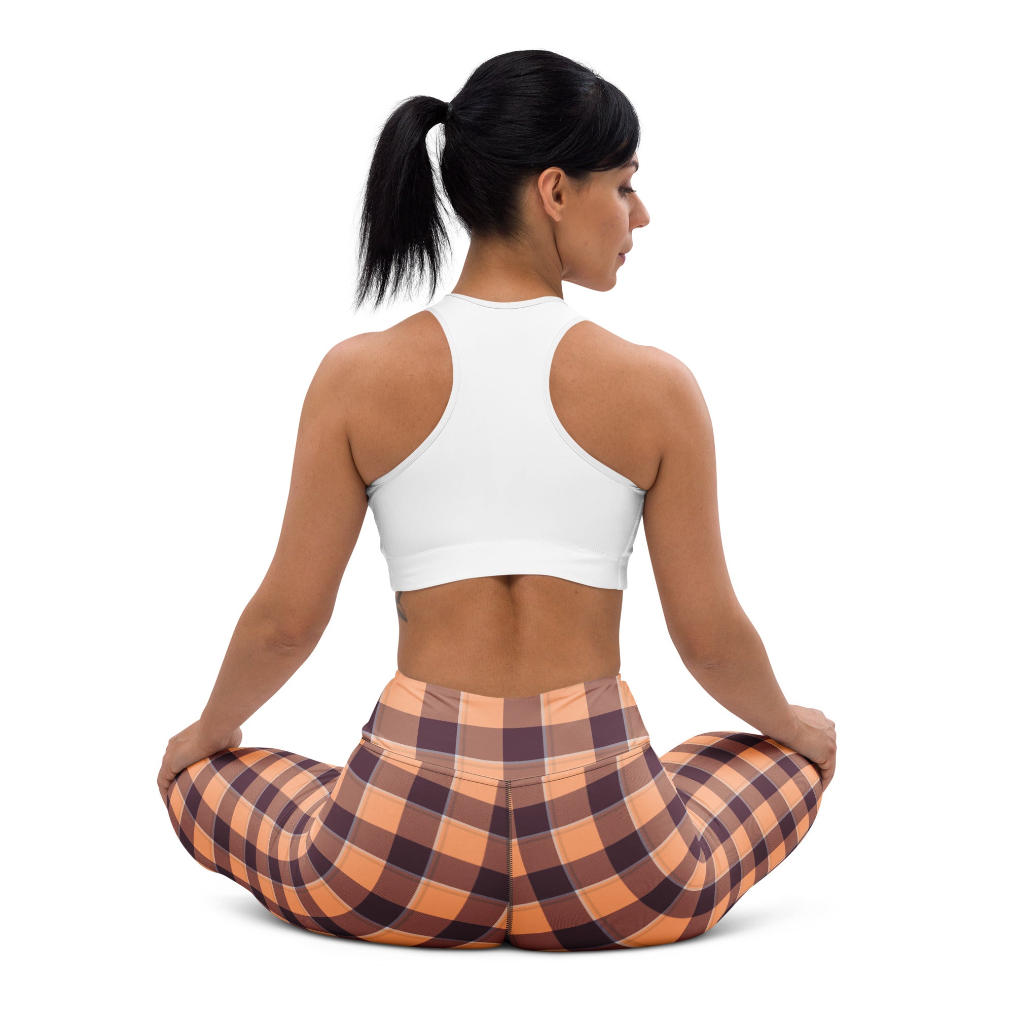 Yoga Leggings Hit Pink and Livid Brown Plaid - Scottish Squares