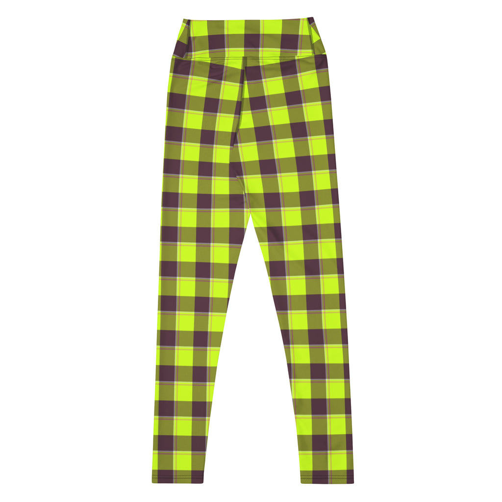Yoga Leggings Electric Lime and Livid Brown Plaid - Scottish Squares